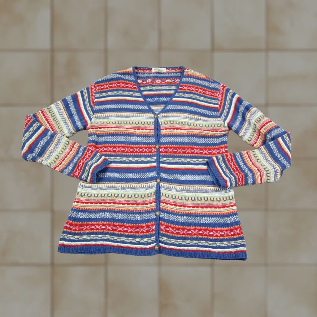 Eddie Bauer Eddie Bauer Cardigan Womens Medium Tall Blue Fair Isle Cotton Linen Knit V-Neck Long Sleeve Lightweight Size M / US 6-8 / IT 42-44 - 1 Thumbnail