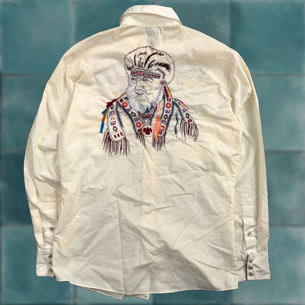 Vintage Kennington VTG Rocking K Ranchwear Shirt M Western Button-Up Collared Pearl Snap Embroidered Cotton Blend Beige Mens Retro 70s Western Shirts Size US M / EU 48-50 / 2 - 1 Thumbnail