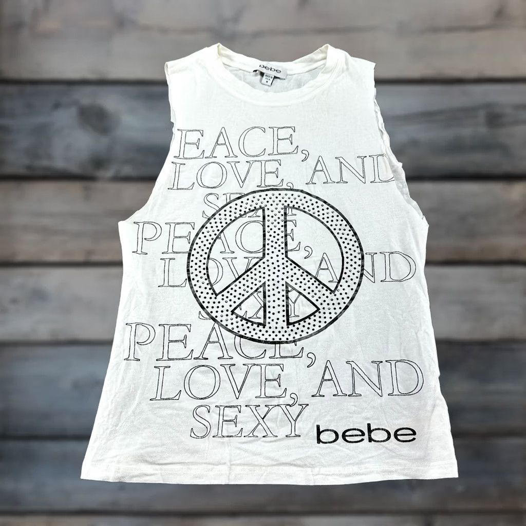 Bebe VINTAGE bebe Shirt Womens M White Tank Top Spellout Rhinestone Cut Off USA Y2K Tank Sleeveless Scoop Neck Pullover Cotton Knit Casual Regular Women’s Size M / US 6-8 / IT 42-44 - 1 Thumbnail