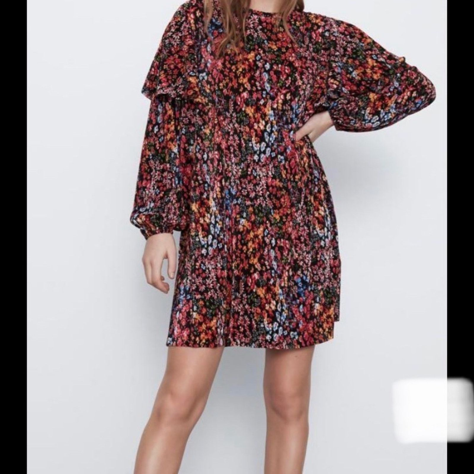 Zara Zara Micro Pleated Floral Detail Puff Sleeve Ruffled Dress Size M / US 6-8 / IT 42-44 - 4 Thumbnail