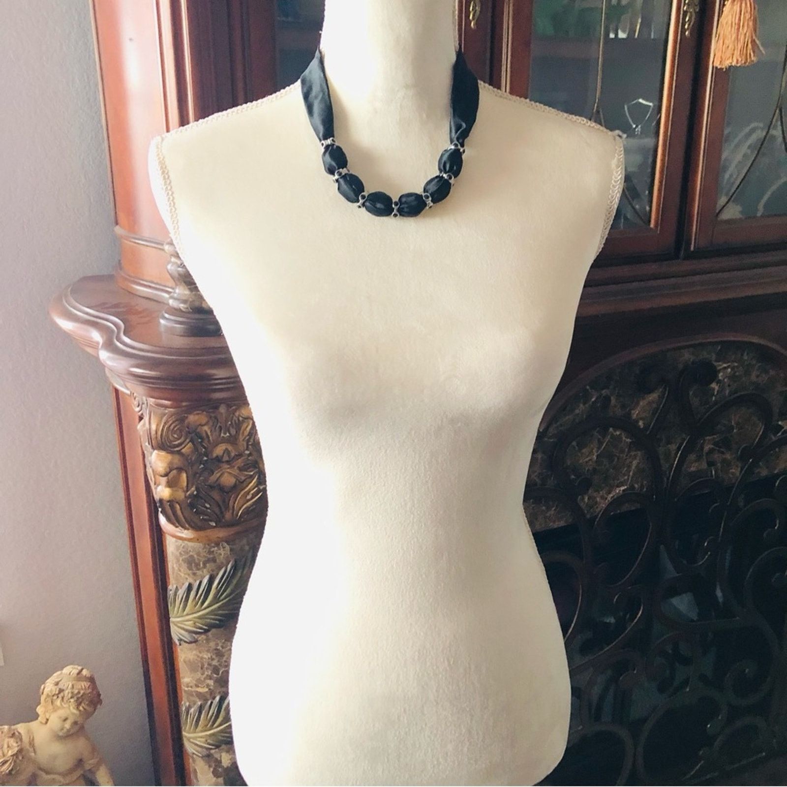 Handmade Country Girl black satin fabric covered bead necklace Size ONE SIZE - 3 Thumbnail