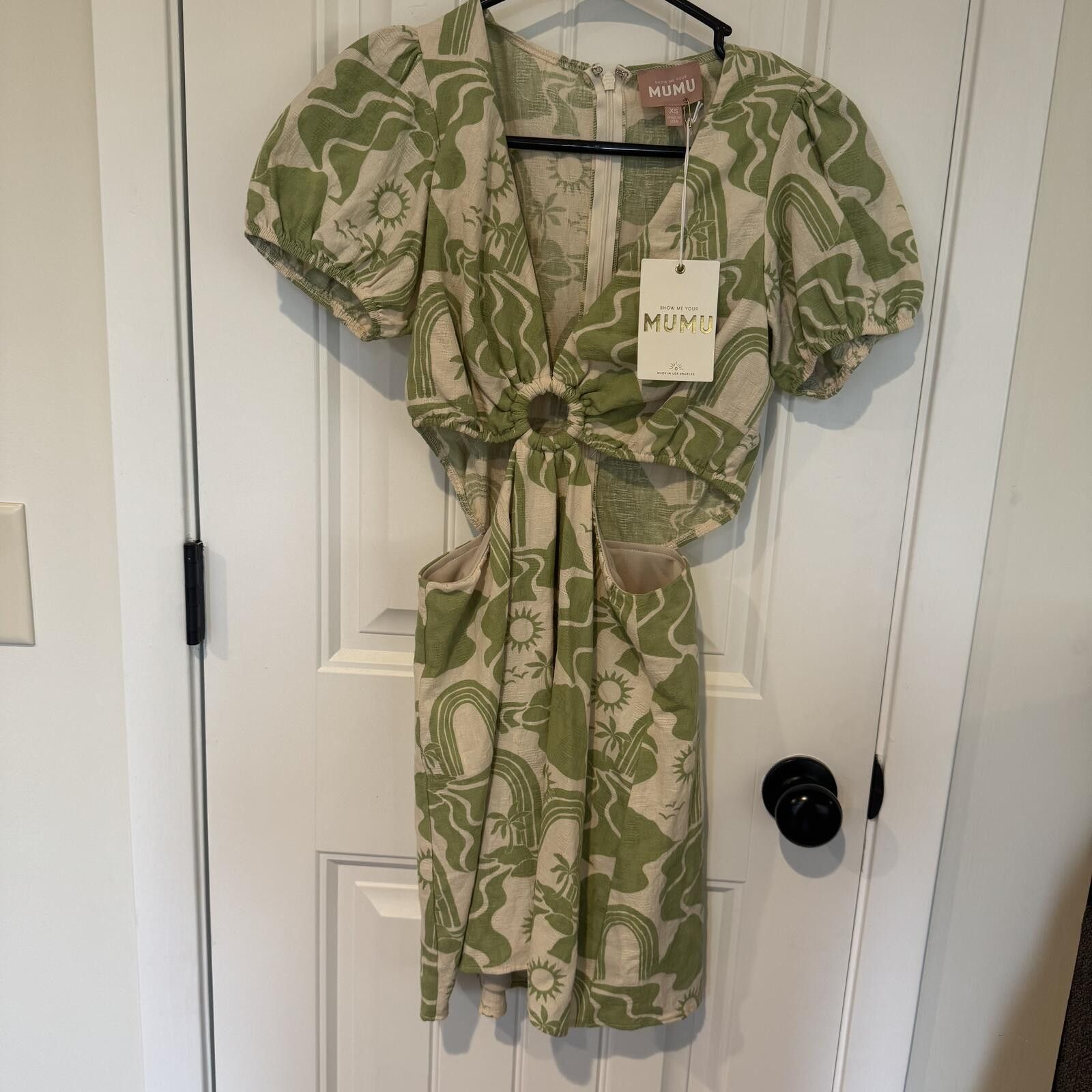 Muubaa Mumu Green and Cream Patterned Cut-Out Dress with Puff Sleev Size XS / US 0-2 / IT 36-38 - 1 Thumbnail
