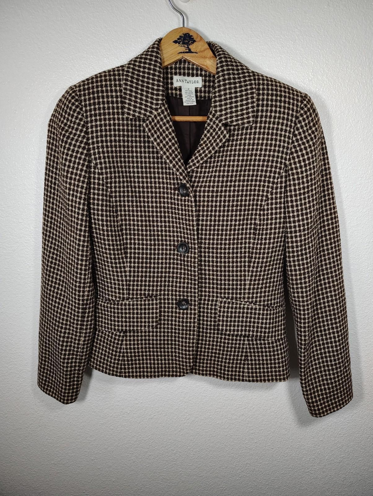 Ann Taylor Vintage Grandpa Ann Taylor Brown Tan Plaid Blazer Coat Wool Size XS / US 0-2 / IT 36-38 - 2 Thumbnail