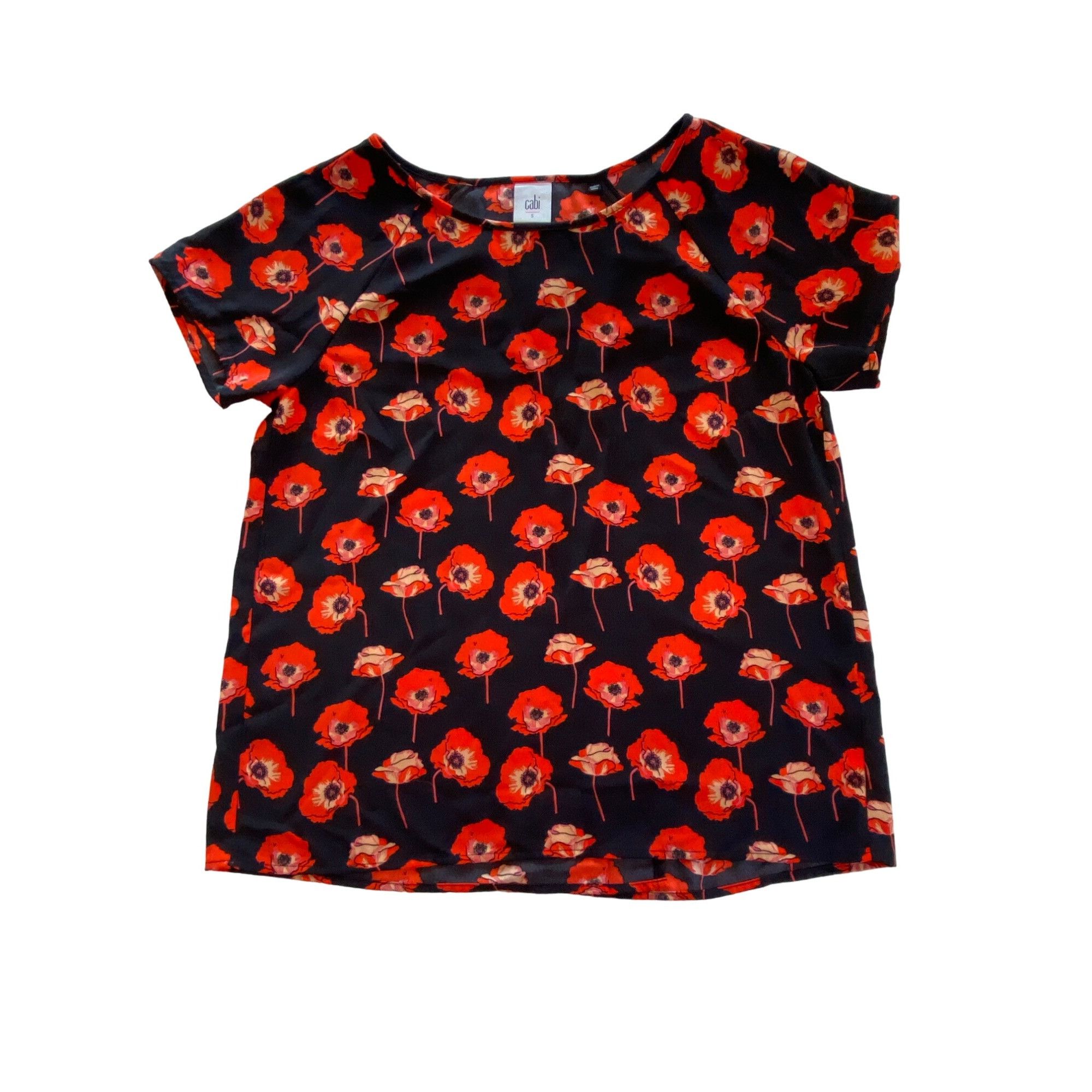 Designer CAbi Red Poppies Short Sleeve Blouse Tunic W's Small Split B Size S / US 4 / IT 40 - 13 Thumbnail