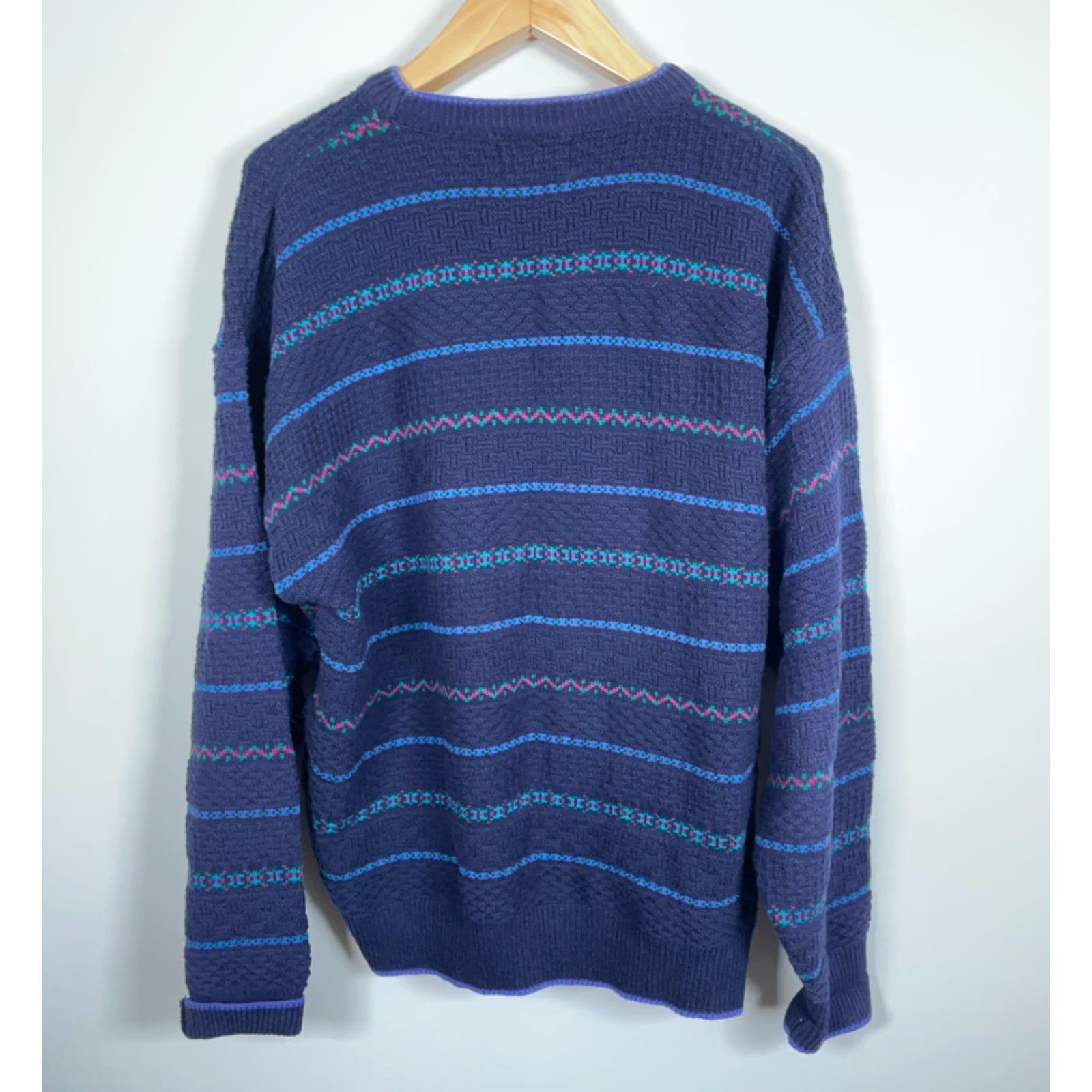 Vintage VINTAGE Isle of Cotton Men's XL Blue Striped Chunky-Knit Crewneck Sweater Size US XL / EU 56 / 4 - 2 Thumbnail