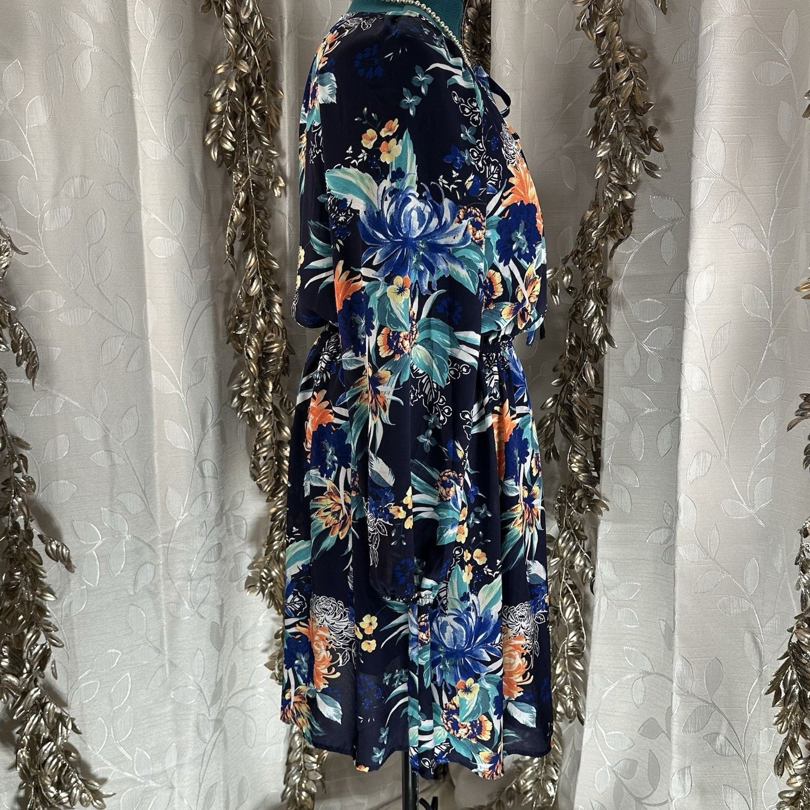 Other Ava & Viv 1X Navy Floral Dress Sheer Sleeves & Tie Neck Size XL / US 12-14 / IT 48-50 - 2 Thumbnail