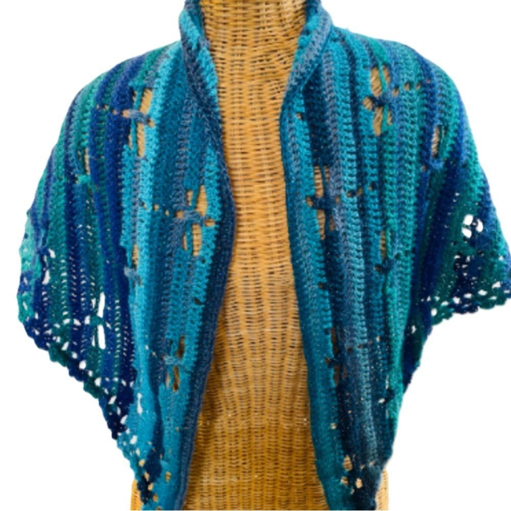 Handmade Crochet Shawl Cowl Wrap Dragonfly Cut Outs Blue Green 68" x Size ONE SIZE - 4 Thumbnail