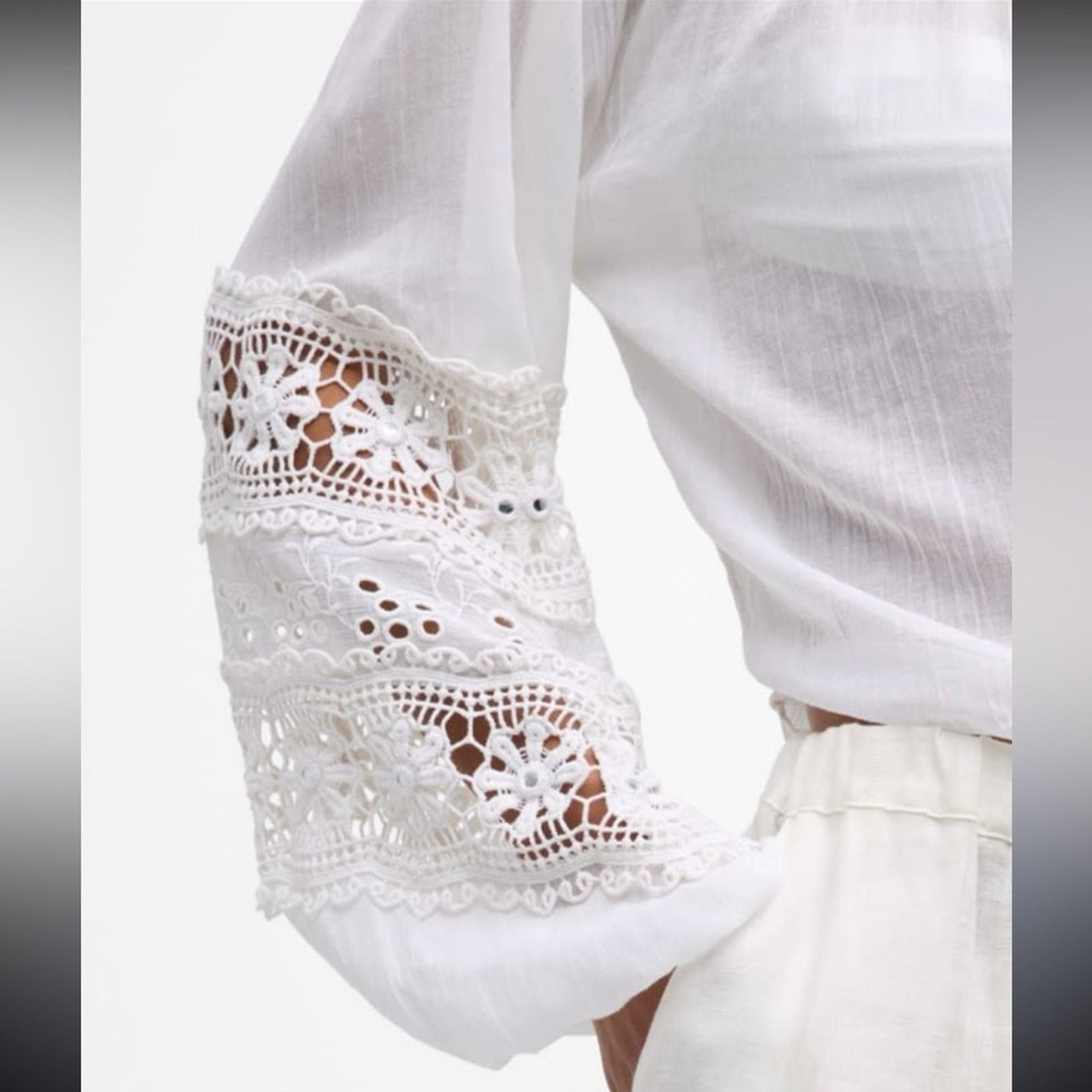 Ramy Brook NWT Ramy Brook $265 White Crochet Sleeve Shirt Size Small Size S / US 4 / IT 40 - 3 Thumbnail
