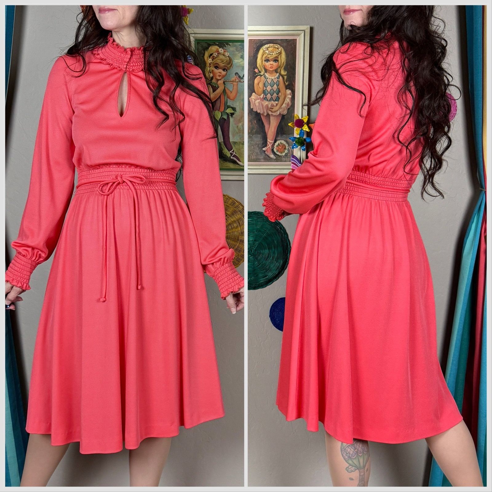 Vintage 1960s Pink Salmon Long Sleeve Mock Neck Keyhole Midi Dress Size M / US 6-8 / IT 42-44 - 3 Thumbnail