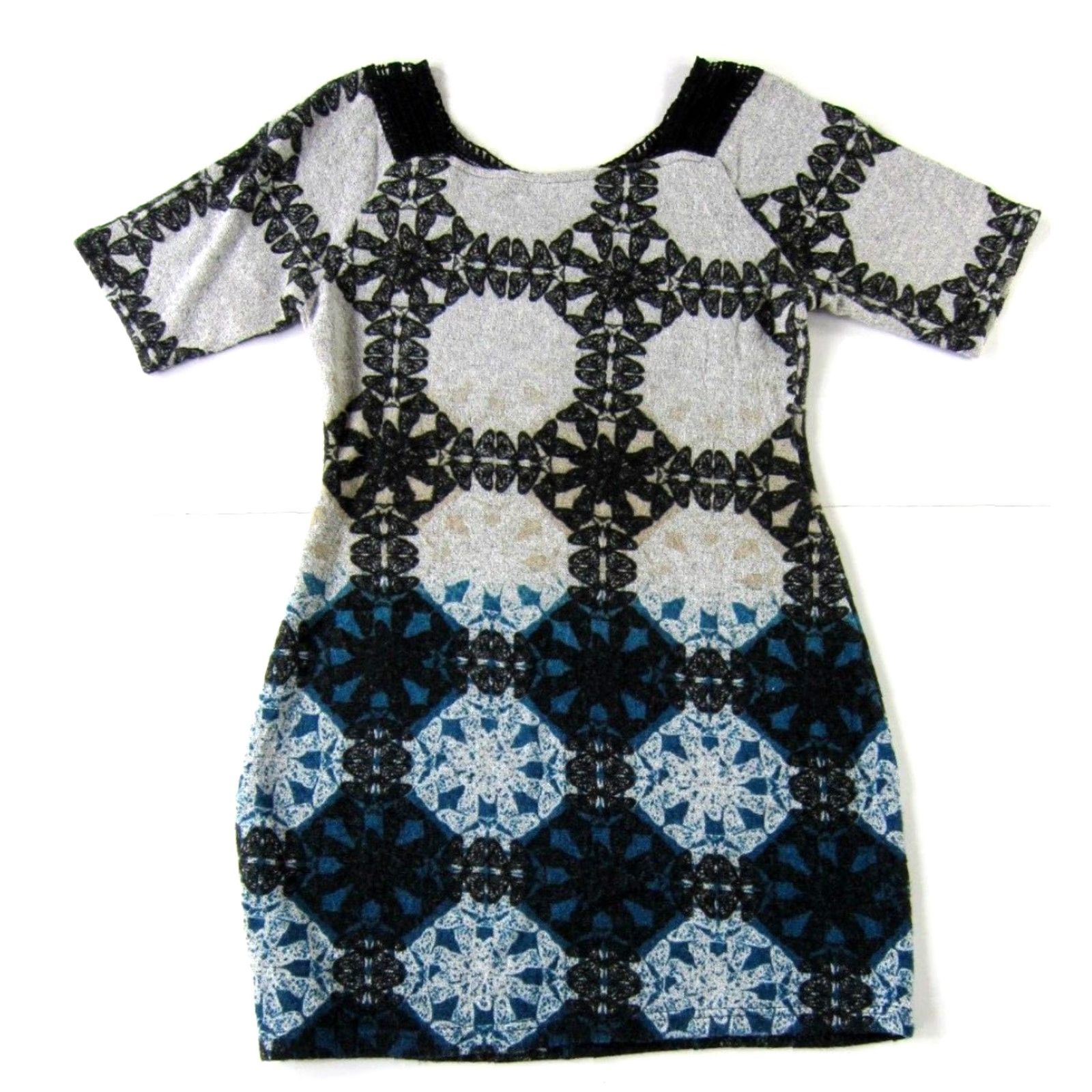 Vintage Angie Black Grey Blue Brown Knit Stretch Embroider Short Sleeve Sweater Dress M Size M / US 6-8 / IT 42-44 - 2 Thumbnail