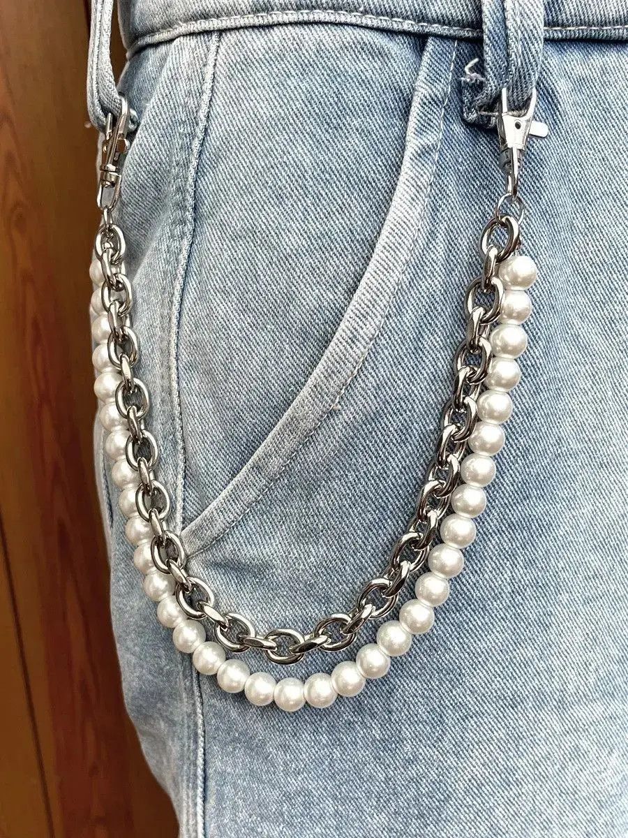 Jewelry x Vintage Layered Pearl Belt Chain in Silver, Men's
