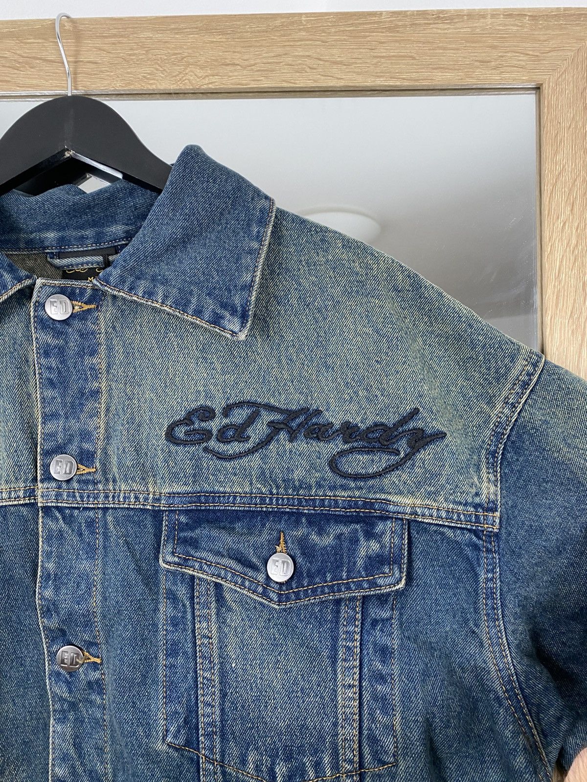 Oversized washed blue denim jacket big logo by Ed Hardy