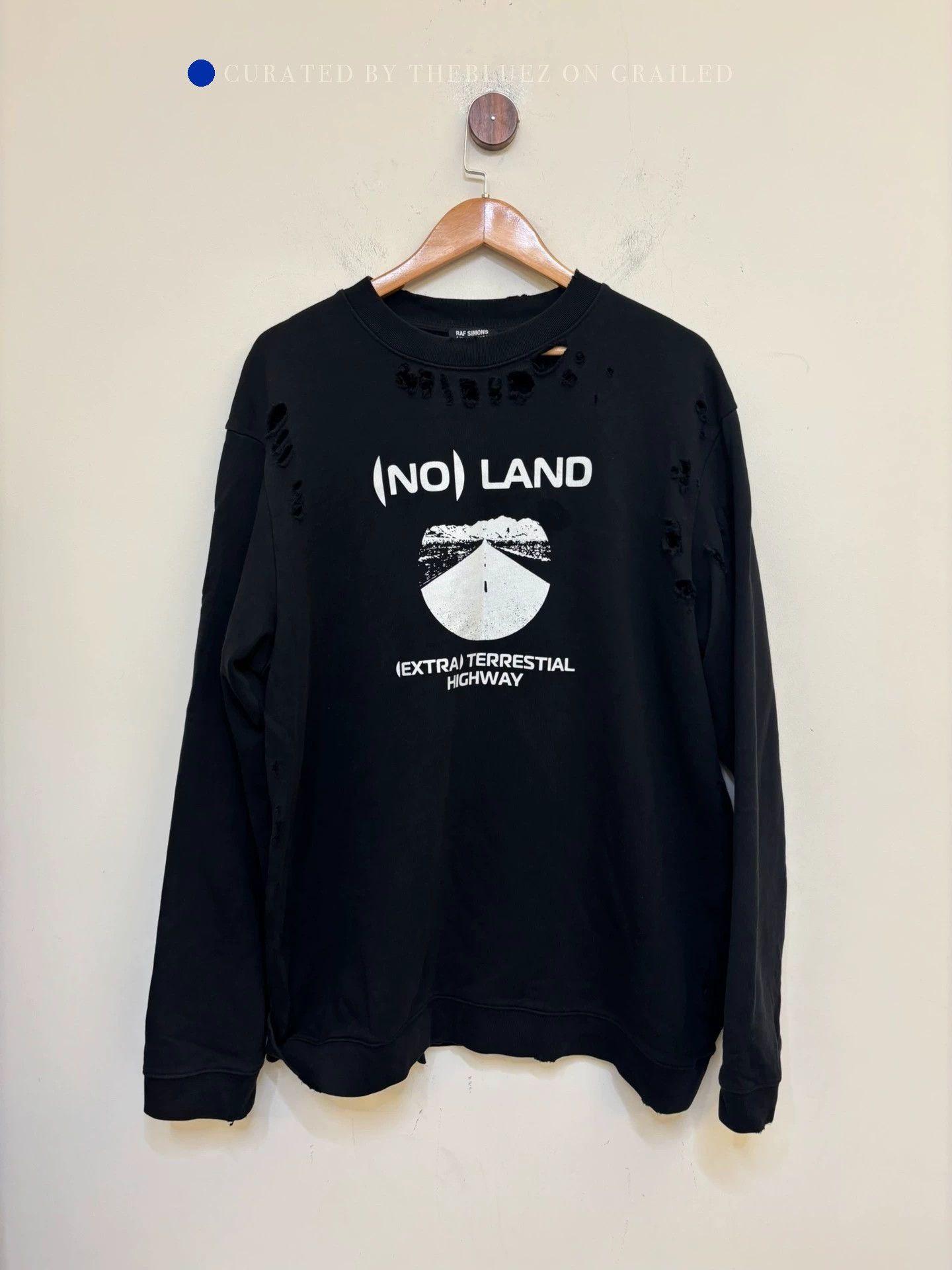 Raf Simons Black Distressed 'NO LAND' Graphic Sweatshirt Size US XL / EU 56 / 4 - 1 Thumbnail