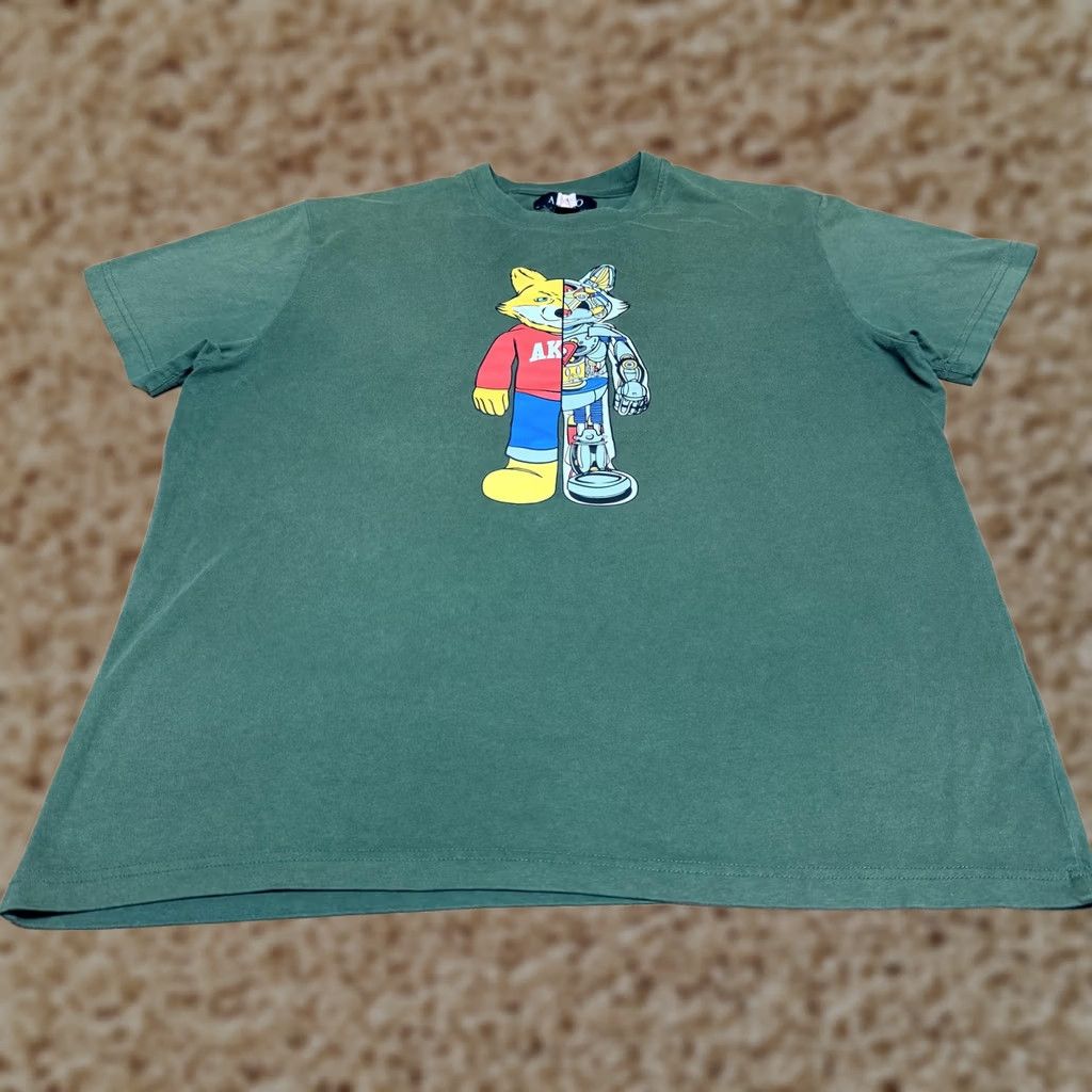 Vintage AKOO Mens XL Green Split Fox Cyborg Robot Graphic Streetwear Tee Size US XL / EU 56 / 4 - 1 Thumbnail