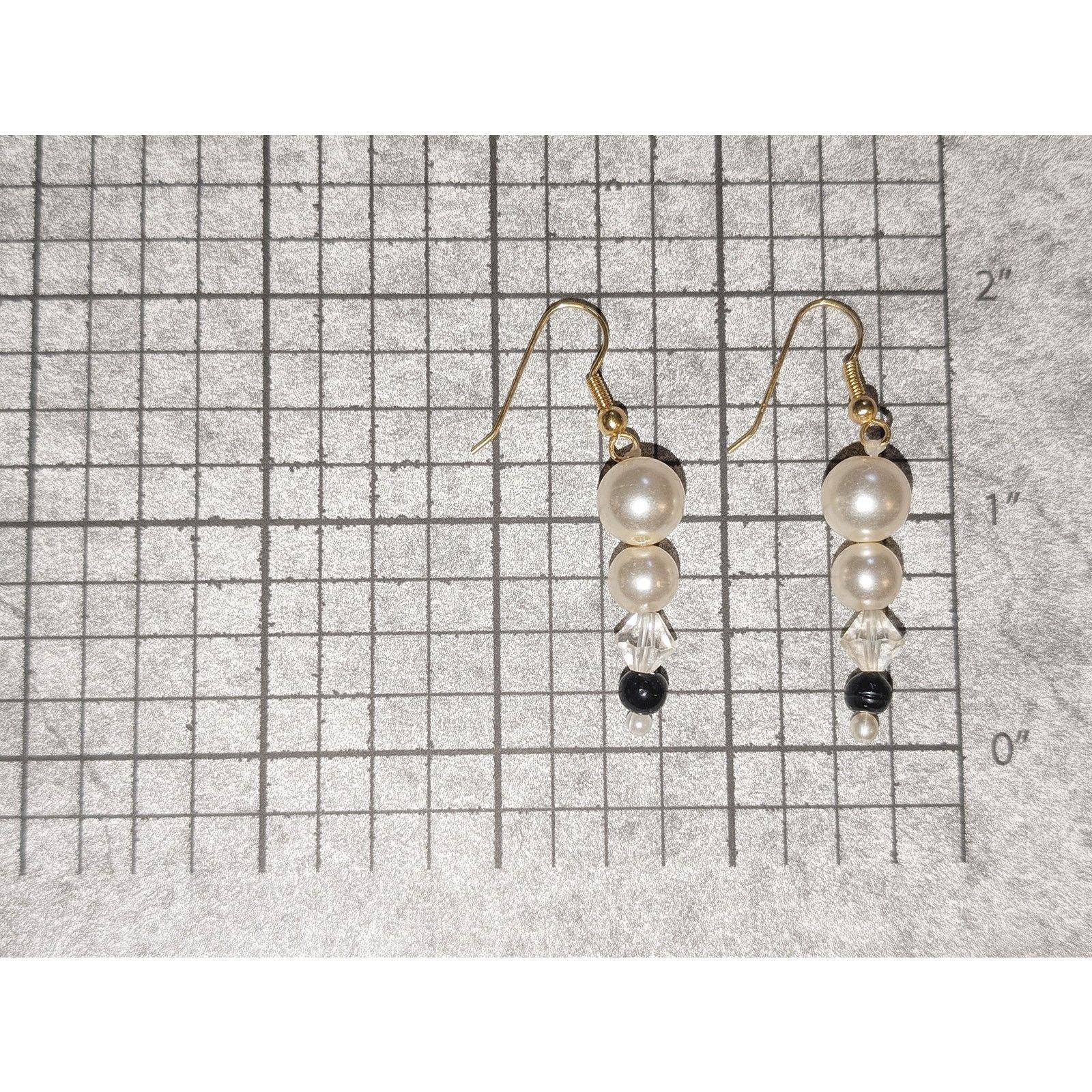 Vintage VTG 1980 Gold-Tone Faux Pearl & Black Beaded Dangle Earrings Size ONE SIZE - 3 Thumbnail