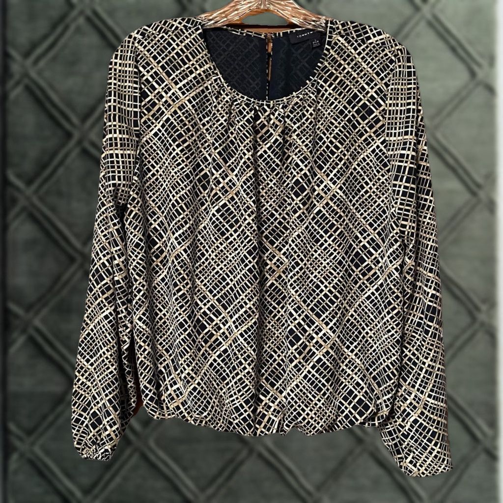 Tommy Hilfiger Tommy Hilfiger Blouse Women S Striped Black Tan Beige Lined Elastic Waist Puff Sleeve Size S / US 4 / IT 40 - 1 Thumbnail