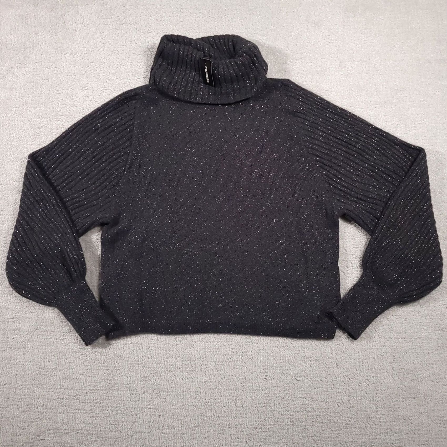 Express Express Cropped Sweater Women's Large Dark Gray Glitter Soft Turtle Neck Pullover Knit Long Sleeve Regular Fit Casual Holiday Women Mens/Girls Size L / US 10 / IT 46 - 2 Thumbnail