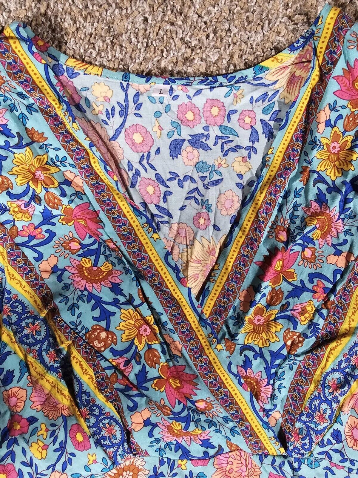 Designer Unbranded COLORFUL FLORAL Deep V Dress Large SEE MEASUREMENT Size L / US 10 / IT 46 - 2 Thumbnail