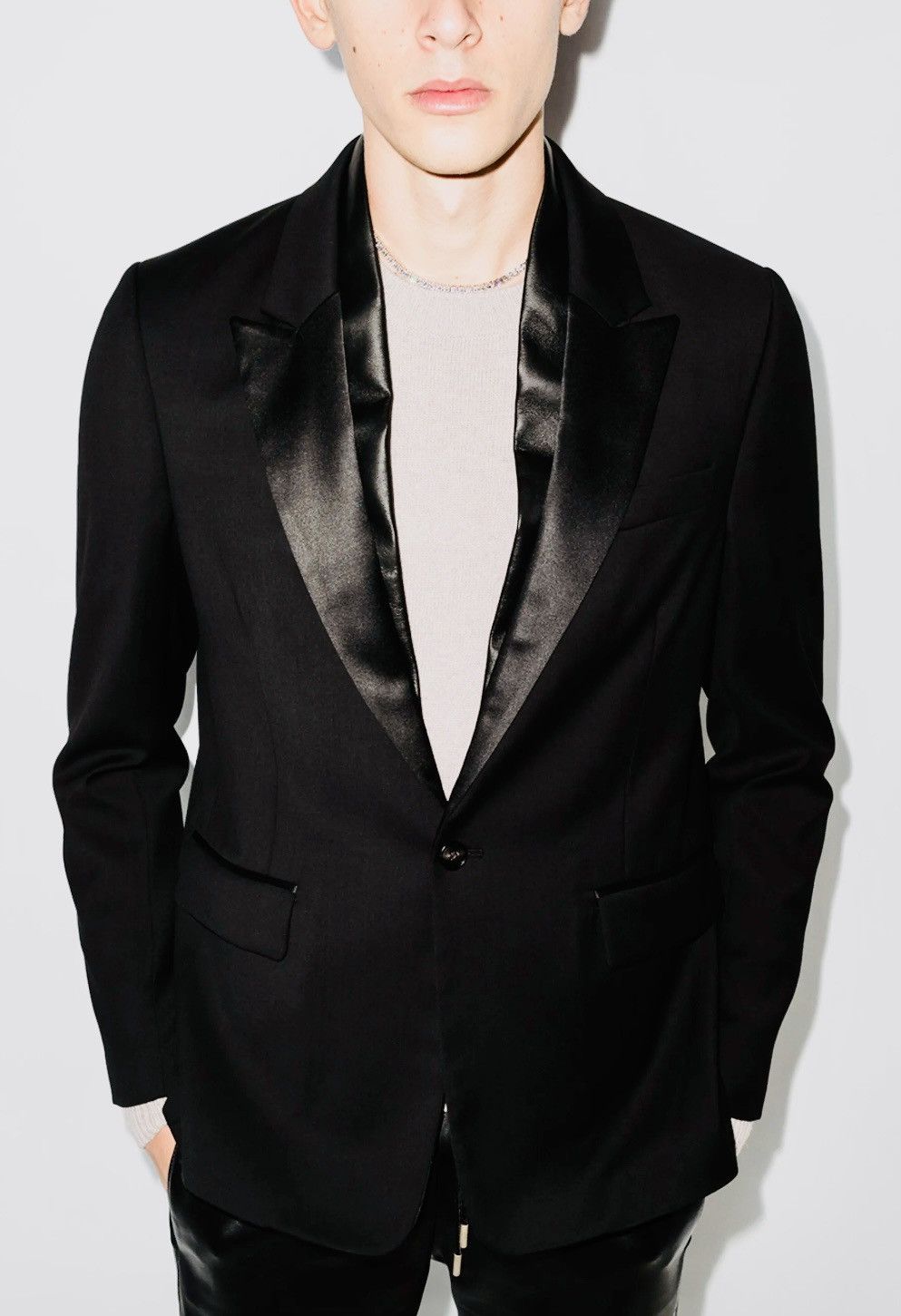 Amiri AMIRI Leather & Satin-Trimmed Wool-Twill Black Blazer, IT48 Size 48R - 4 Thumbnail