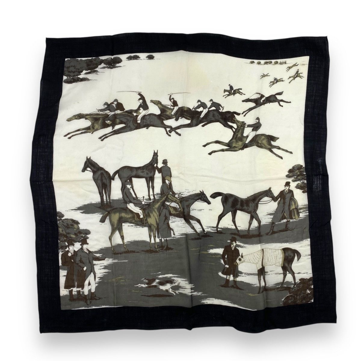 Vintage Vintage HORSE RACING & HUNTING Scene Scarf Shawl Border Size ONE SIZE - 1 Thumbnail