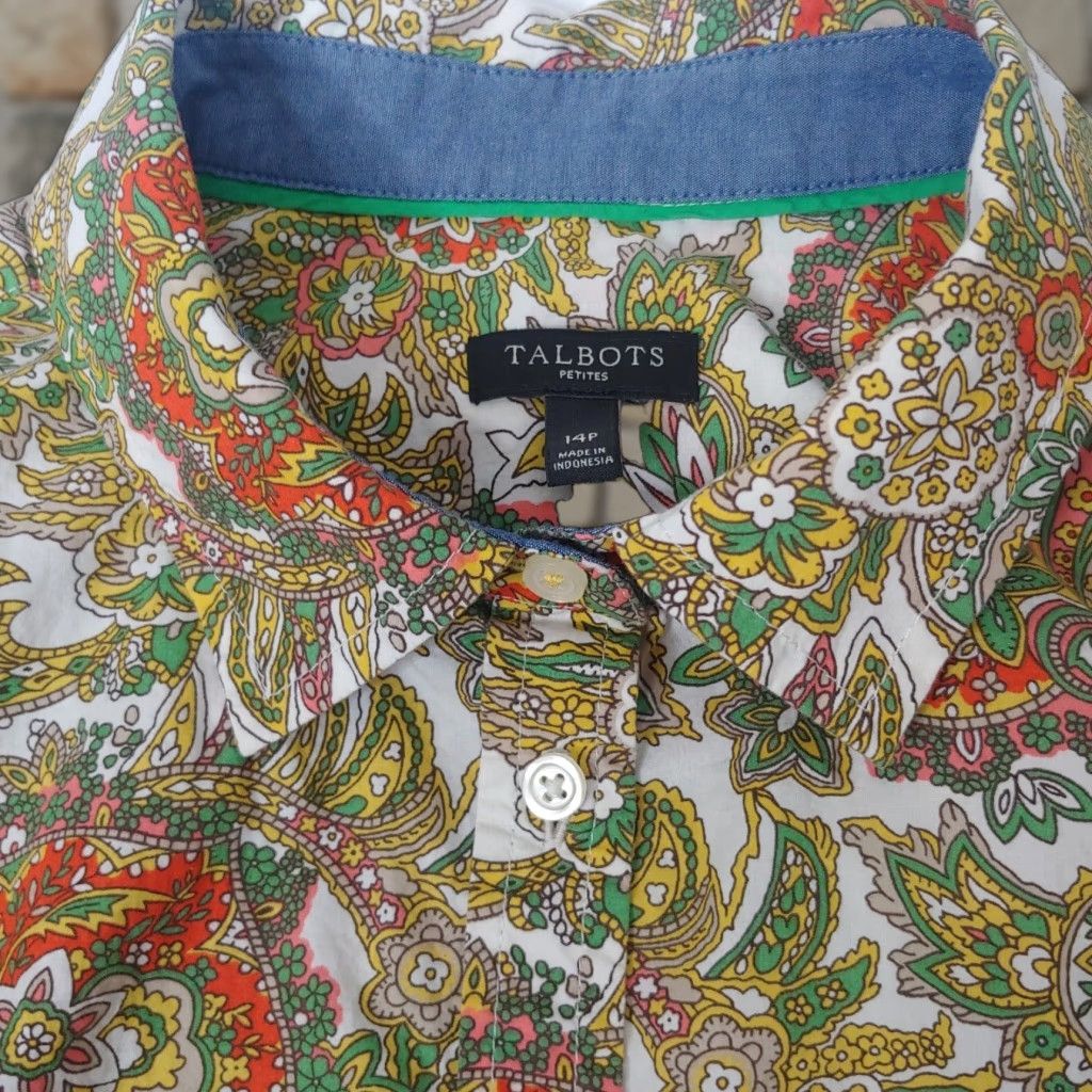 Talbots Talbots Women's Petite Blouse 14P Long Sleeve Paisley Cotton Casual Office | Multicolor Size XL / US 12-14 / IT 48-50 - 1 Thumbnail