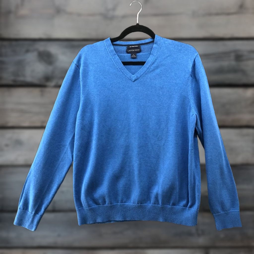 Lands' End Lands' End Mens L Supima Cotton Sweater Blue V-Neck Pullover Lightweight Shirt/ Sweater (43-44) Classic Preppy Size US L / EU 52-54 / 3 - 1 Thumbnail
