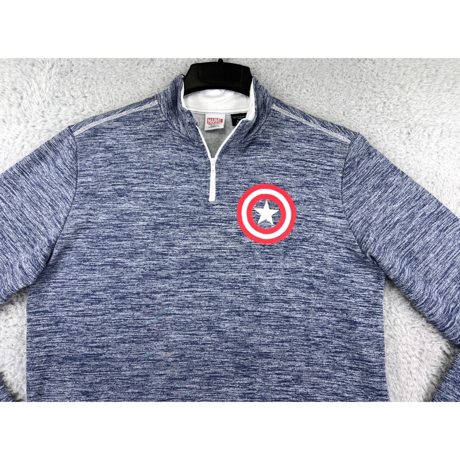Vintage Captain America Marvel Mens 1/4 Zip Sweater Blue Shirt Polyester Mock Neck Full Size M Adult Regular Men’s Pullover Casual Logo Zipper Cap America Size US M / EU 48-50 / 2 - 6 Thumbnail