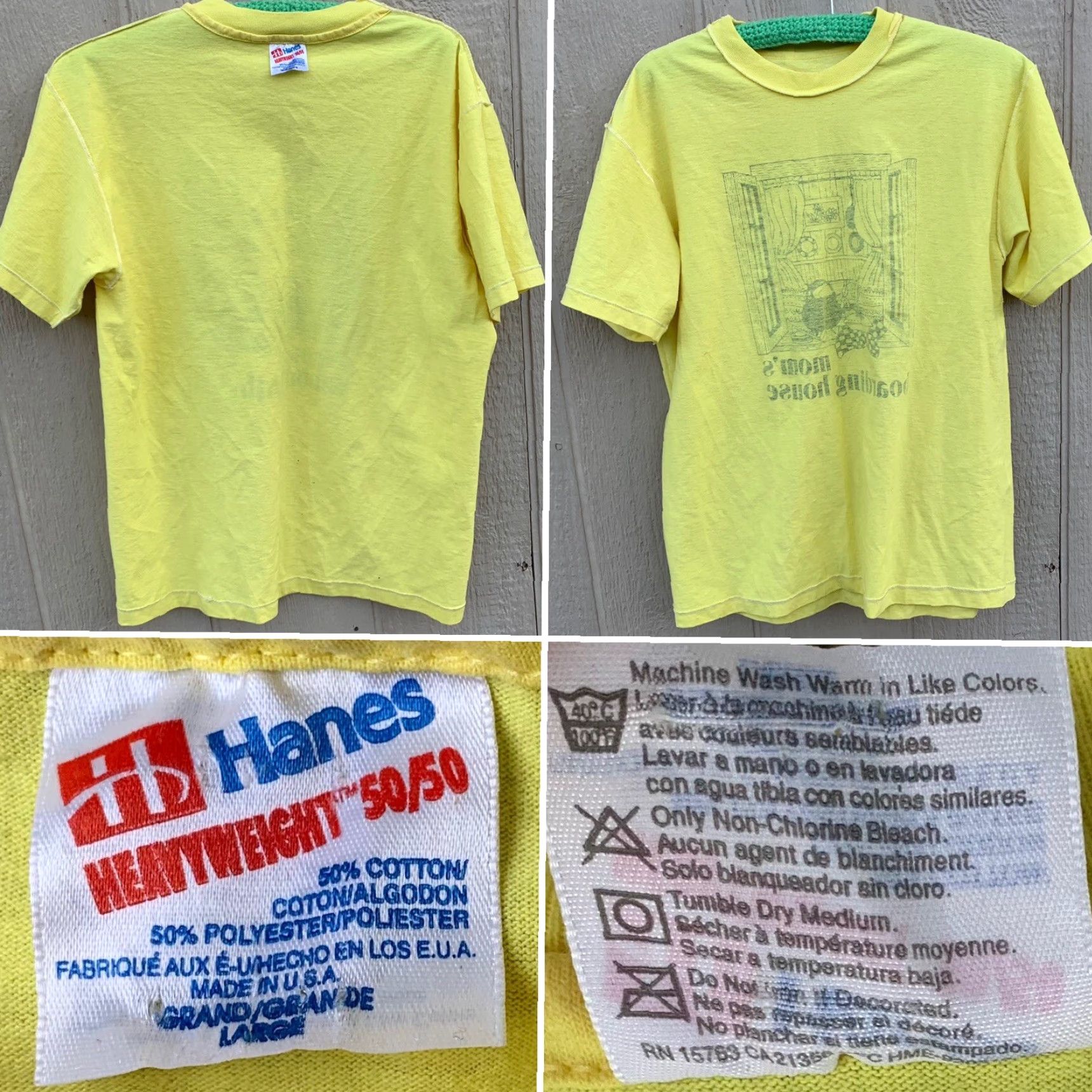 Hanes VINTAGE Hanes T-Shirt Graphic Print Crew Neck Short Sleeve Yellow L Men 80s 90s Retro Moms Boarding House Single Stitch Made in USA Size US L / EU 52-54 / 3 - 6 Thumbnail