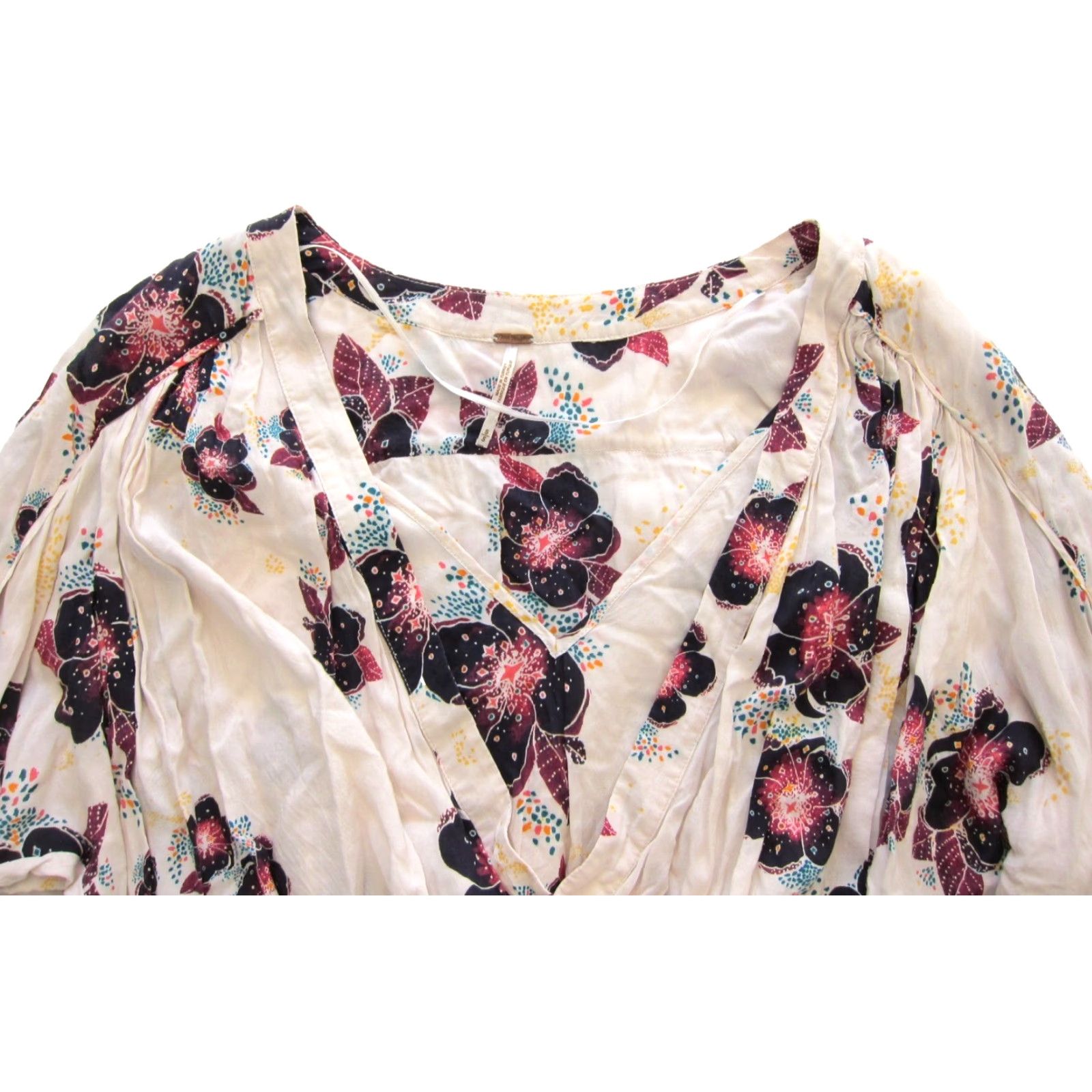 Free People Free People Blouse Pink Yellow Floral V-Neck Long Tunic Sleeve S-M 100% Rayon Womens Shirt Size S / US 4 / IT 40 - 6 Thumbnail