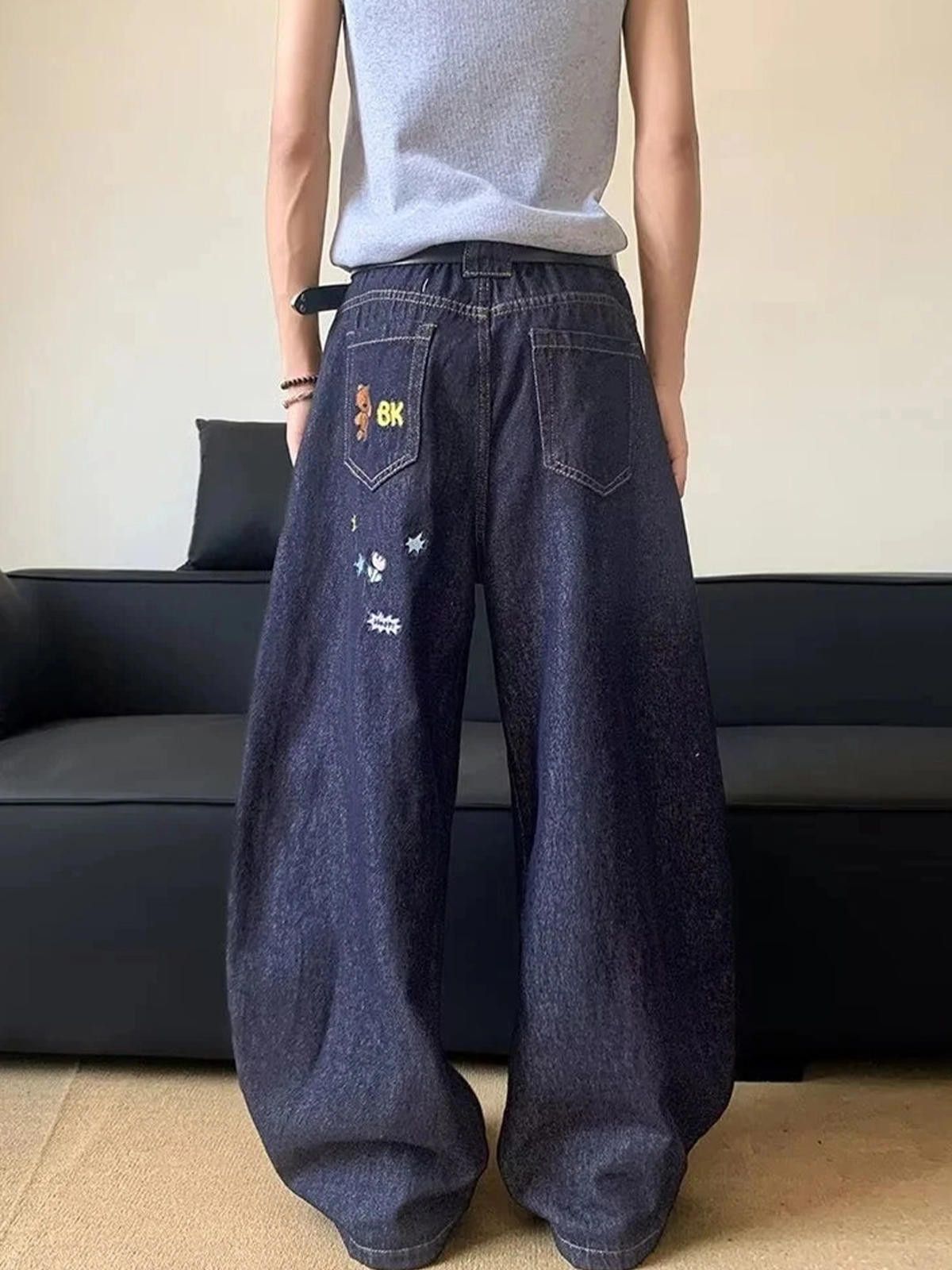 Japanese Brand Dark Paint Splatter Blue Wide Leg Denim Jeans Size US 32 / EU 48 - 4 Thumbnail