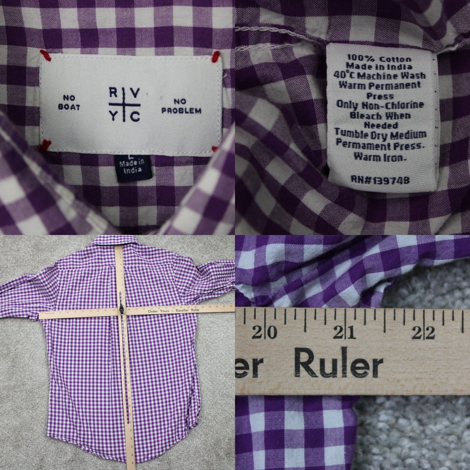 Vintage RVYC Shirt Mens Large Purple/White Gingham Cotton Long Sleeve Button Down Size US L / EU 52-54 / 3 - 8 Thumbnail