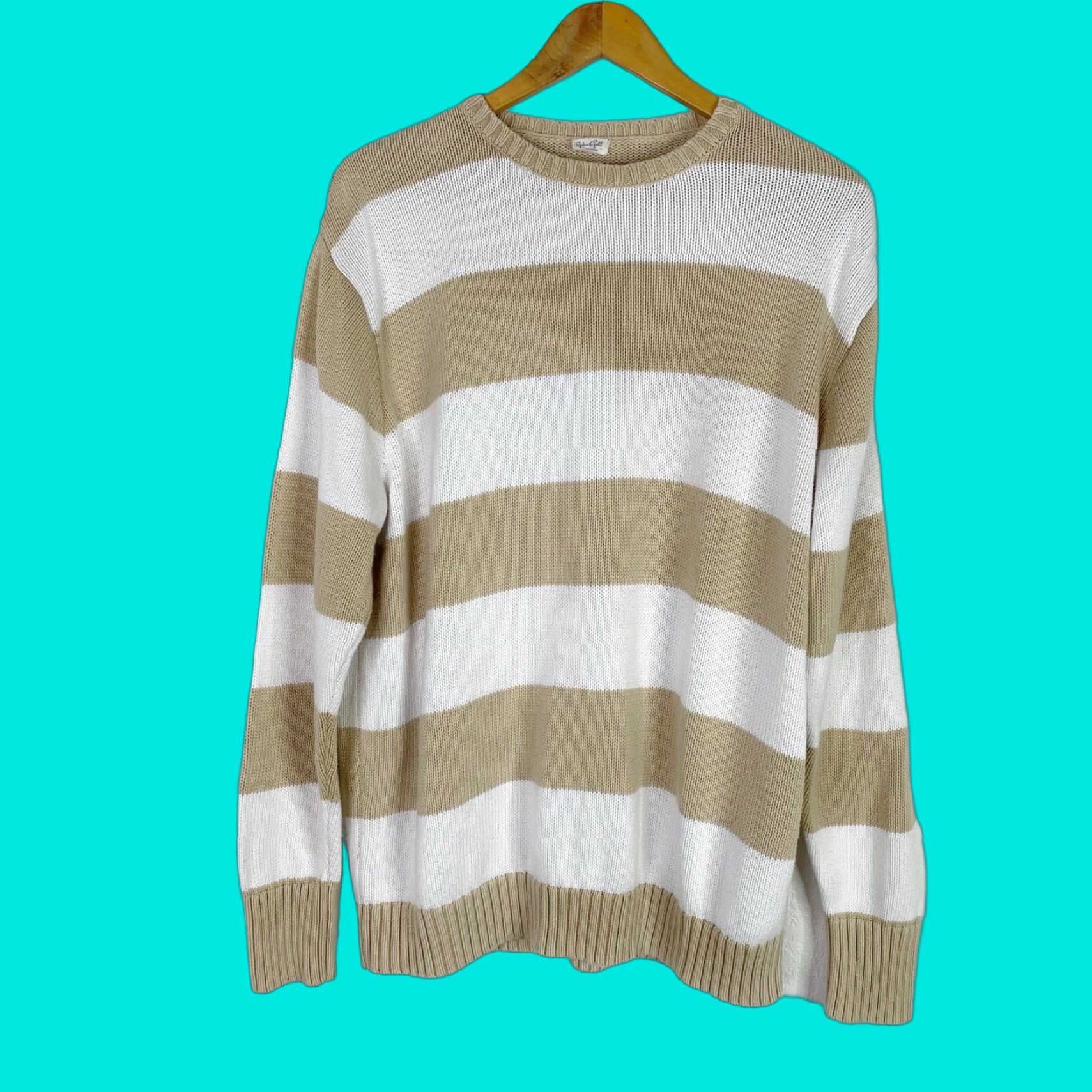 VINTAGE John Galt Jumper Sweater Shirt Women OS One Size Beige White Striped Crew Neck 100% Cotton Pullover Knit