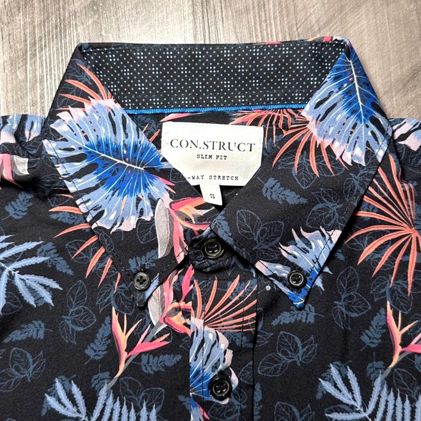 Vintage Con.Struct Shirt Slim Fit 4 Way Stretch Palm Print Short Sleeve Button Down S Men Blue Size US S / EU 44-46 / 1 - 5 Thumbnail