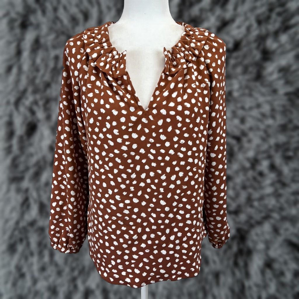 J.Crew J. Crew Drapey Ruffle Neck Blouse Shirt Sz X-Small Womens Oversized Brown White Size XS / US 0-2 / IT 36-38 - 1 Thumbnail