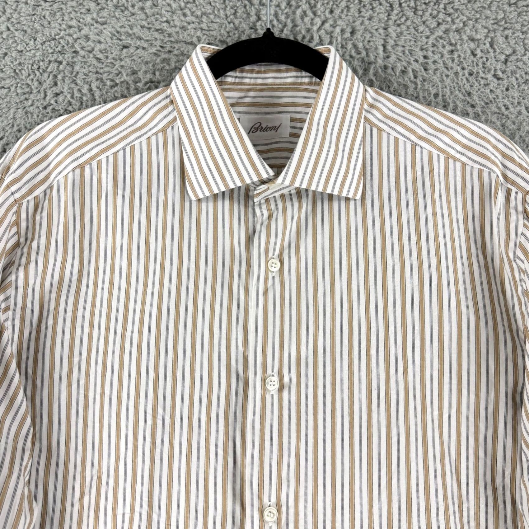 Brioni Brioni Button-Up Shirt Mens XL Tan White Striped Long Sleeve Italy Luxury Business Casual Formal Workwear Size US L / EU 52-54 / 3 - 2 Thumbnail