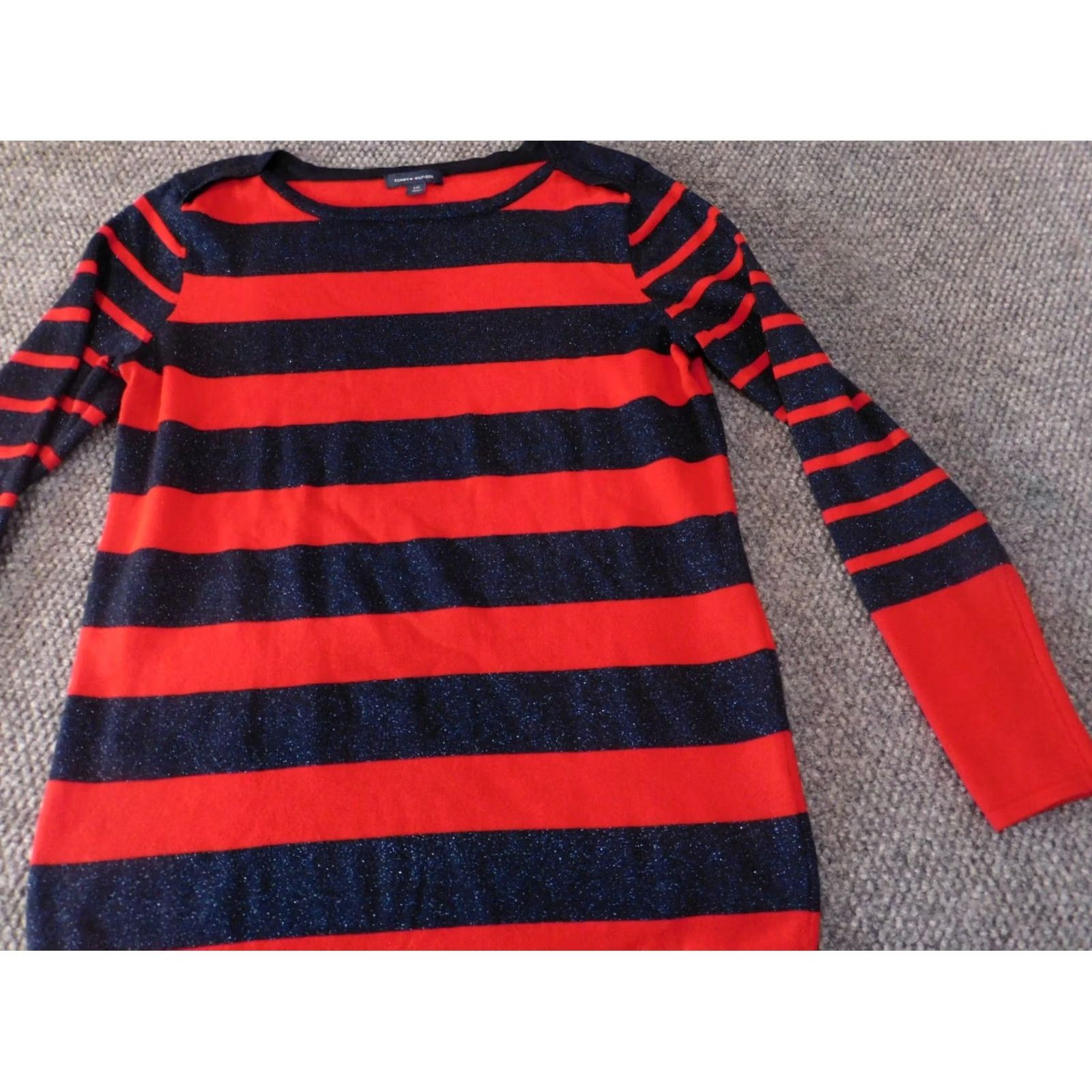 Tommy Hilfiger Tommy Hilfiger Womens Sweater L Red Striped Pullover Crew Neck 1/4 Zip Bell Sleeve Classic Casual Size L / US 10 / IT 46 - 3 Thumbnail