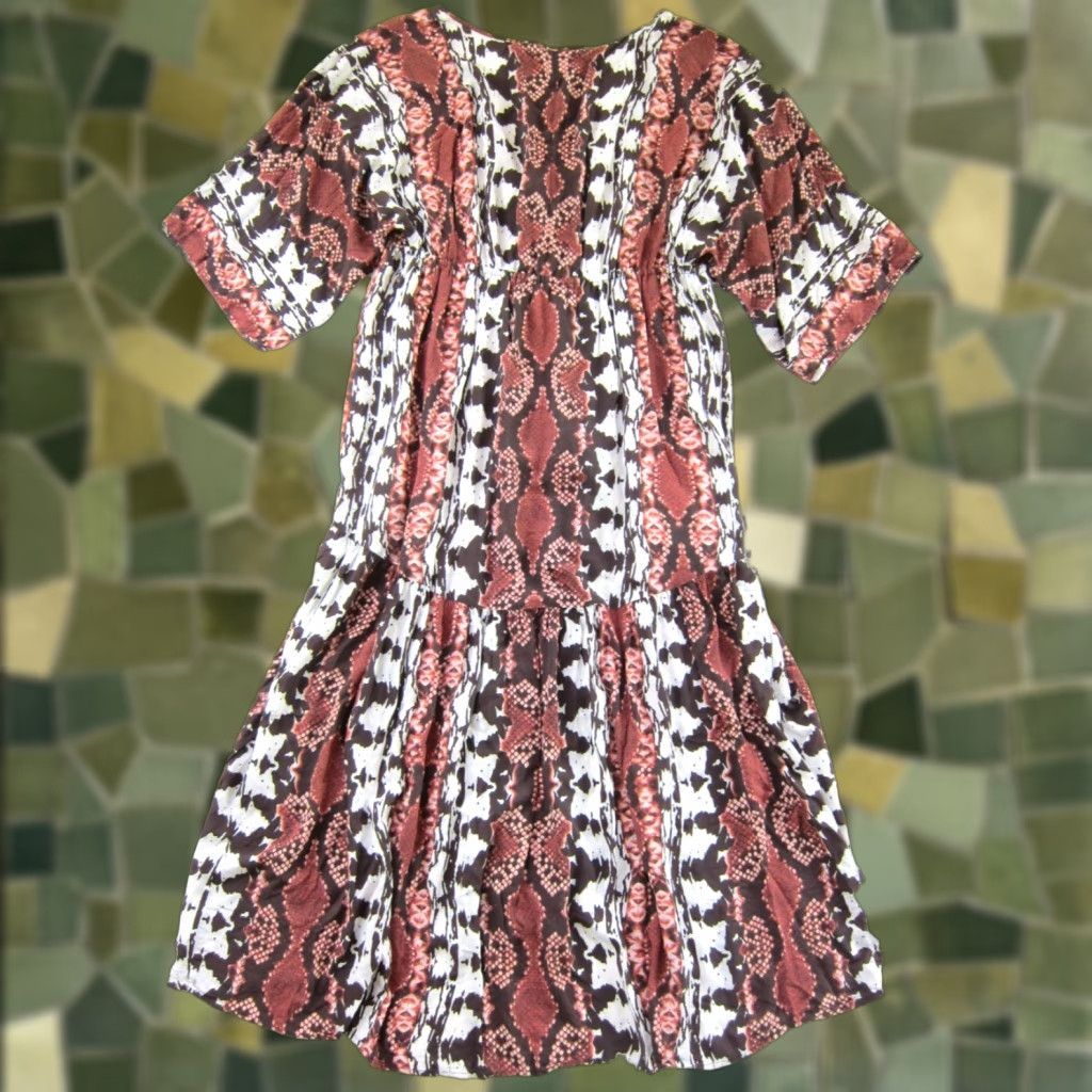 Vintage TART Maxi Dress V-Neck Short Sleeve 100% Rayon Pink Brown Snake Print M Women Hobby: Sundress, Shirt Dress, Kaftan, Sheath Size 32" / US 10 / IT 46 - 1 Thumbnail