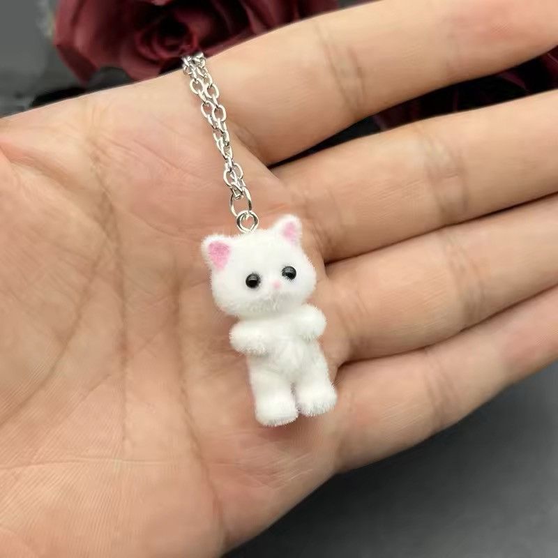 Vintage 3 Pcs Cartoon Flocking Cat Kawaii Necklace Keychains Size ONE SIZE - 2 Thumbnail