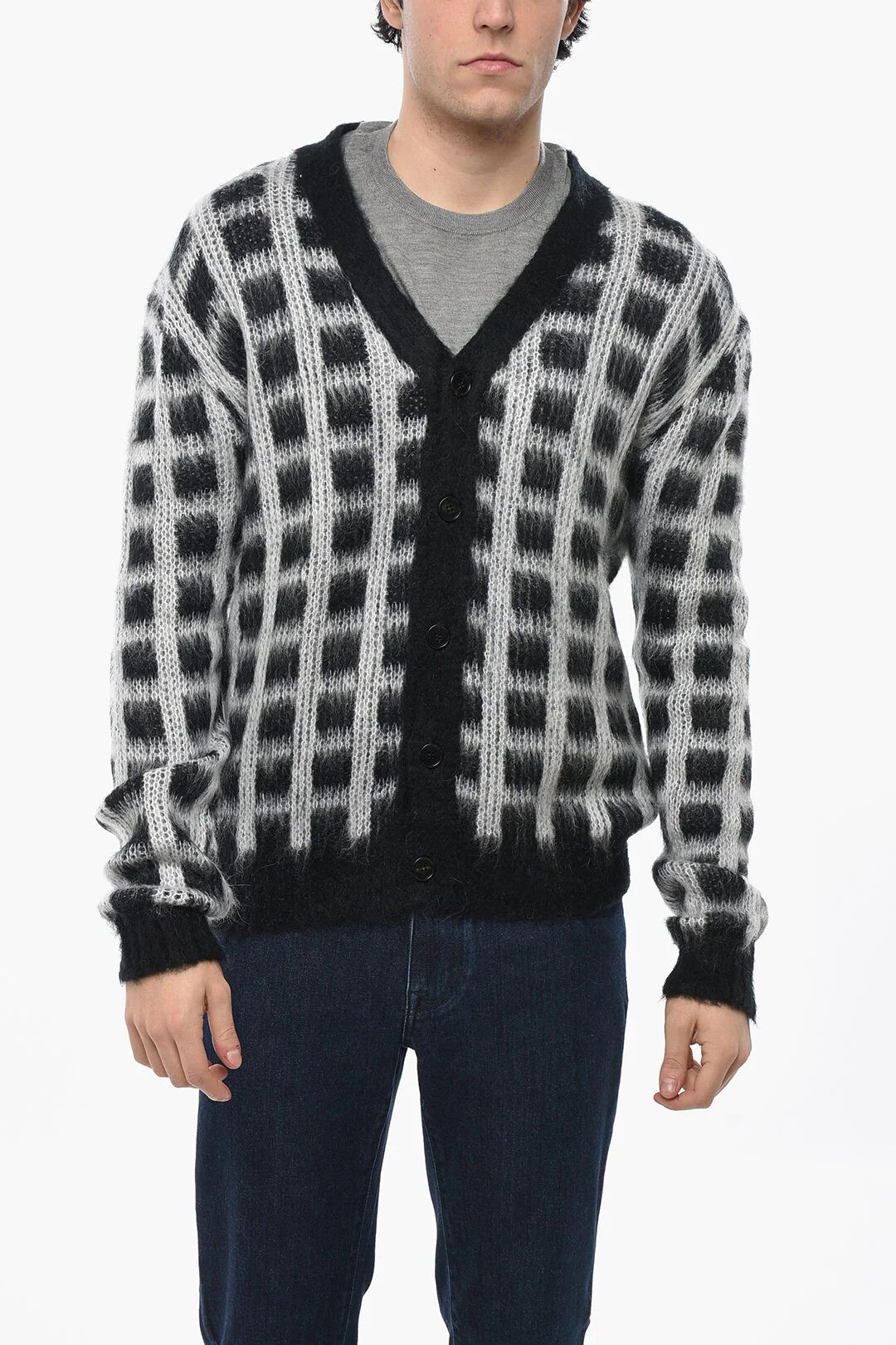 Marni og1mm0326 Mohair-Blend Check Cardigan in Black/White Size US M / EU 48-50 / 2 - 1 Thumbnail