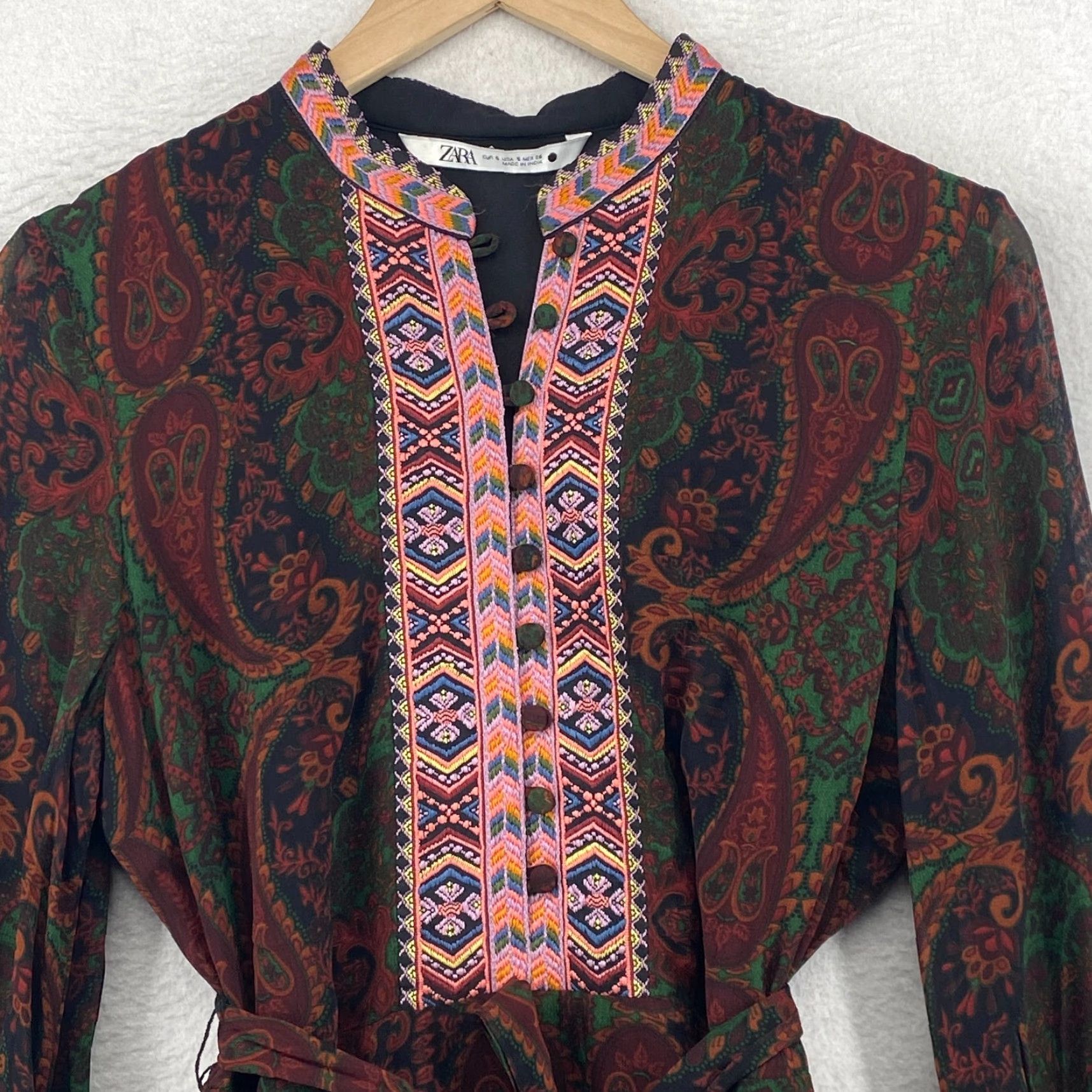 ZARA Dress S Boho Paisley Jacquard Embroidered Popover Mini Tie Belt Brown  Womens - threedaughtersproperties.com