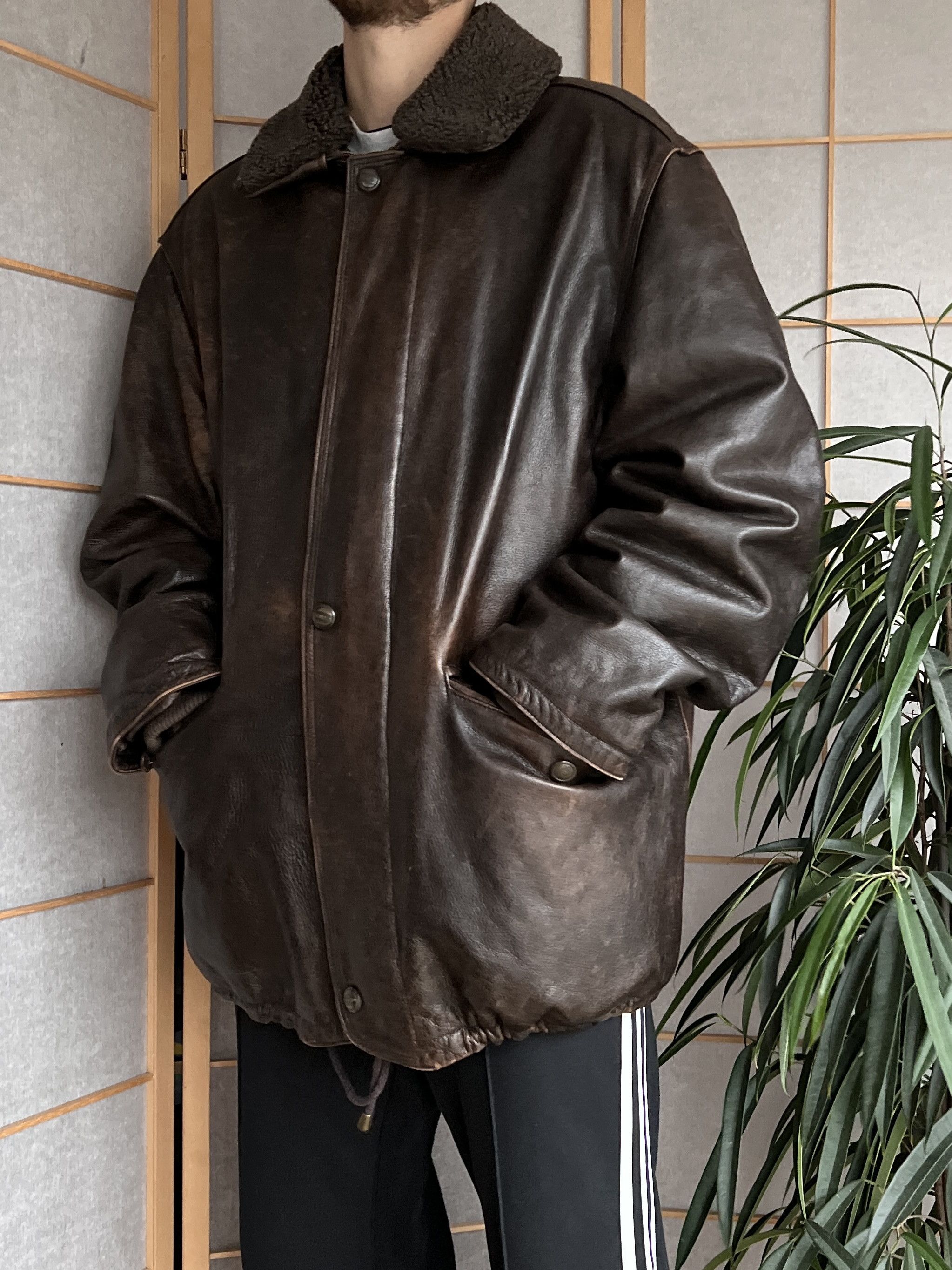 Other Crazy fit! VTG 90s Leather long hard coat jacket fur collar Size US XL / EU 56 / 4 - 11 Thumbnail