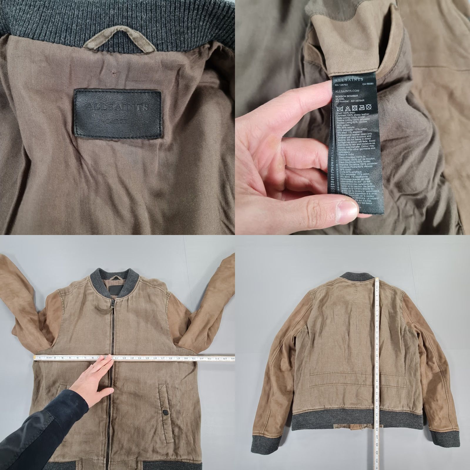 Allsaints AllSaints Mens Jacket Khaki Green Large Lightweight Bomber Linen Leather Casual Zip Boxson Size US L / EU 52-54 / 3 - 8 Thumbnail