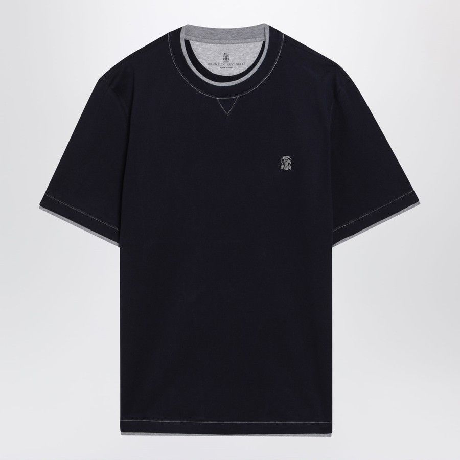 Brunello Cucinelli o1d2blof0226 Short Sleeve T-Shirt in Navy Blue Size US M / EU 48-50 / 2 - 1 Thumbnail