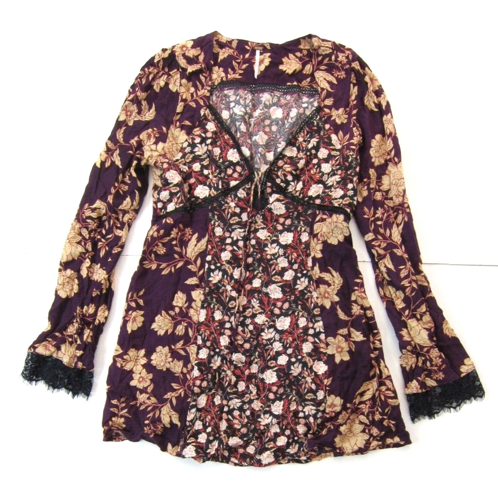 Free People Free People Dress Pink Black Floral V-Neck Long Sleeve Tunic Smock 100% Rayon S Size S / US 4 / IT 40 - 2 Thumbnail