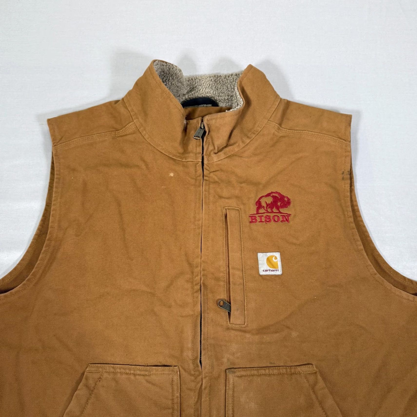 Carhartt VINTAGE Carhartt Vest Mens 2XL Brown Canvas Sherpa Lined Zip Up Work Duck 104277 Size US XXL / EU 58 / 5 - 2 Thumbnail