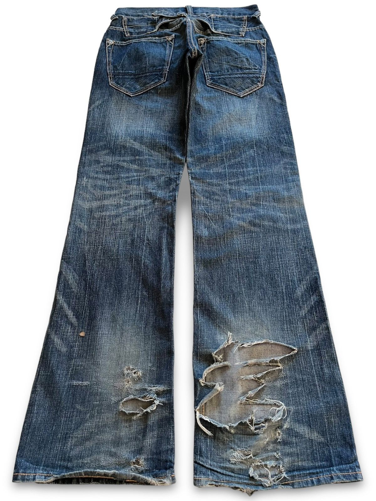 Japanese Brand Vintage Japanese Brand Buckle Back Mud Wash Rip Flare Jeans Size US 30 / EU 46 - 2 Thumbnail