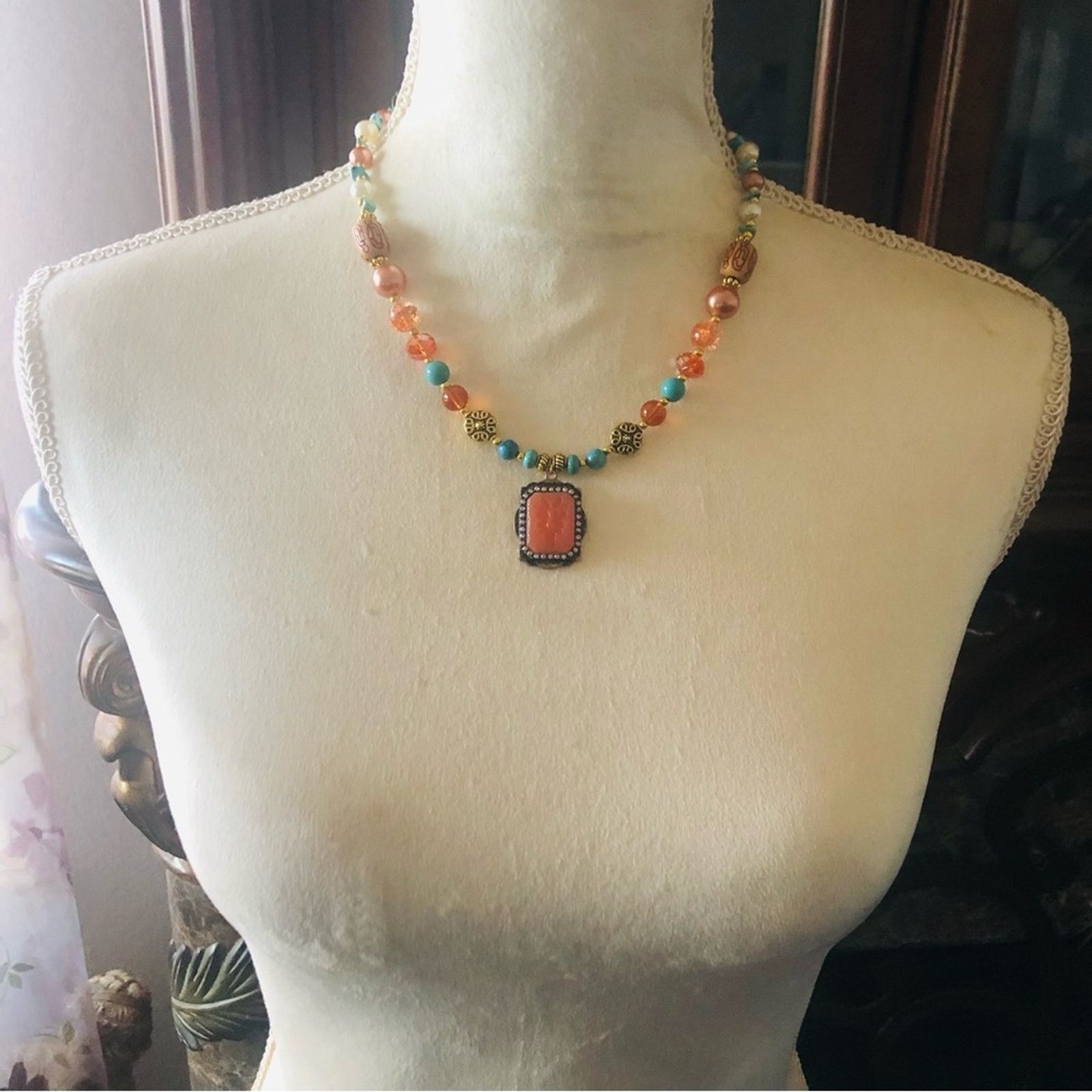 Handmade Handcrafted repurpose carved carnelian cameo necklace Size ONE SIZE - 4 Thumbnail