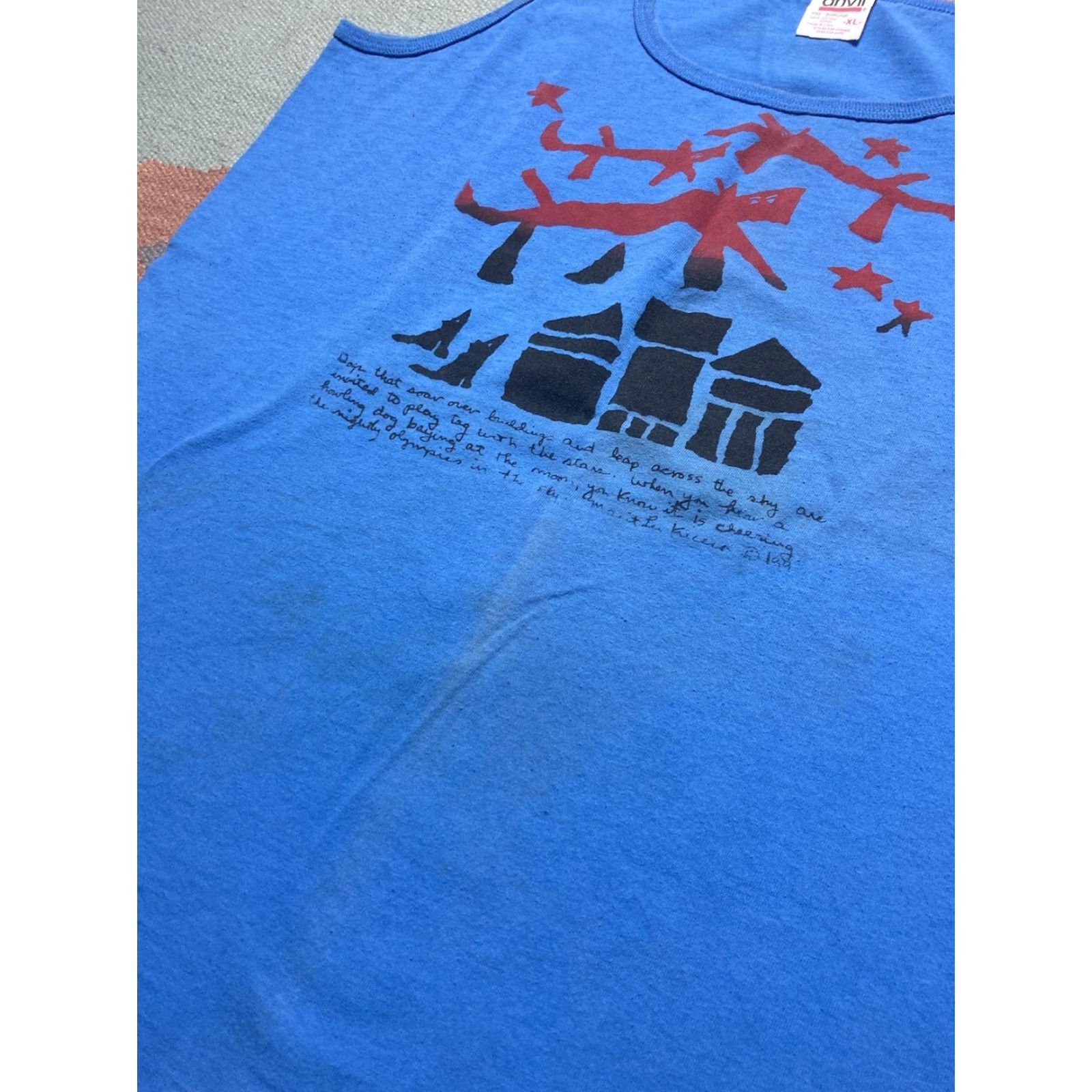 Anvil VINTAGE 90s Tank Top Sleeveless Shirt Marit Lee Kucera Dog Folk Art Animal XL Blue Anvil T-Shirt Mens 90s Sleeveless Size US XL / EU 56 / 4 - 3 Thumbnail