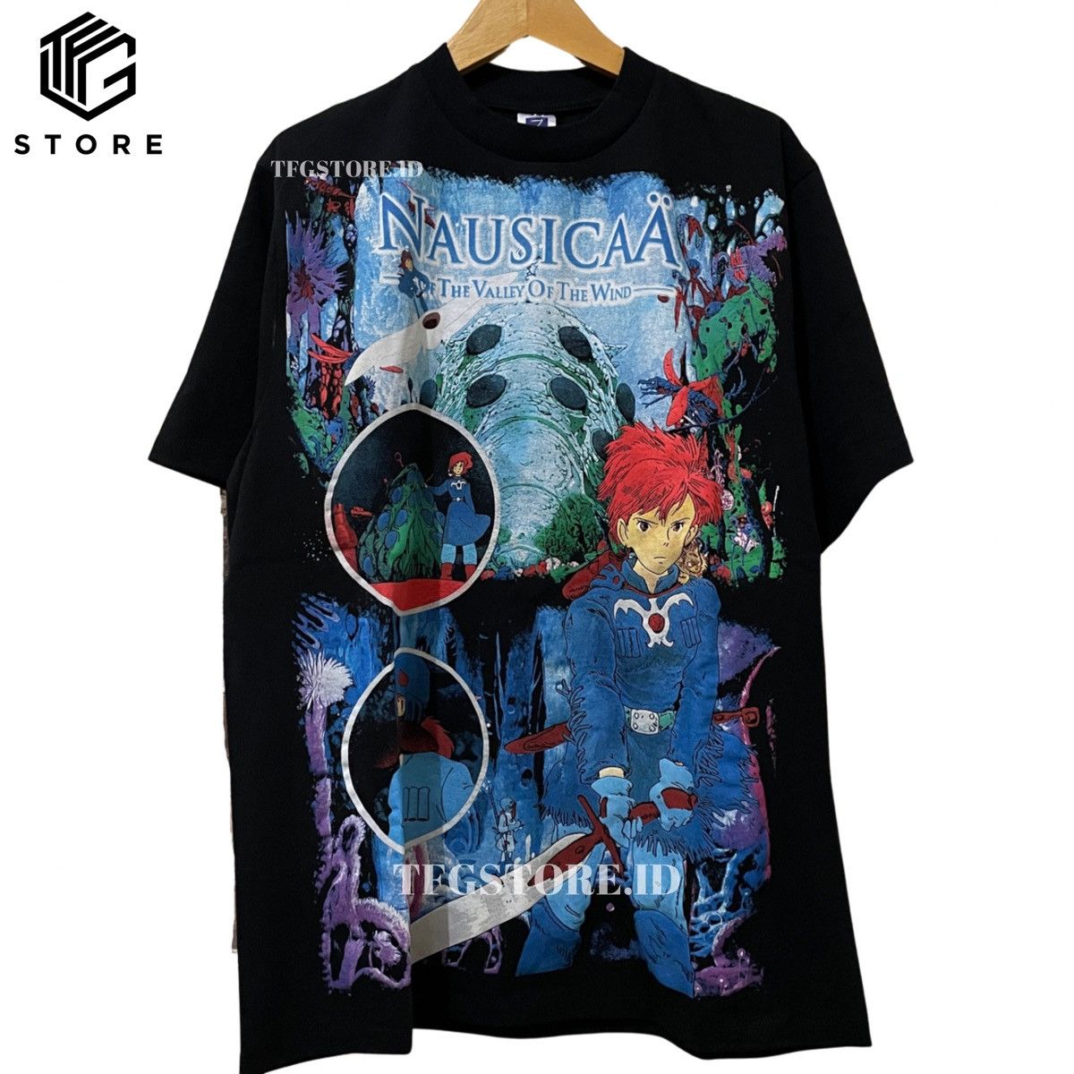 image of Anima x Vintage Nausicaa Of The Valley Of The Wind Anime Full Print T Shirt in White (Size XL)