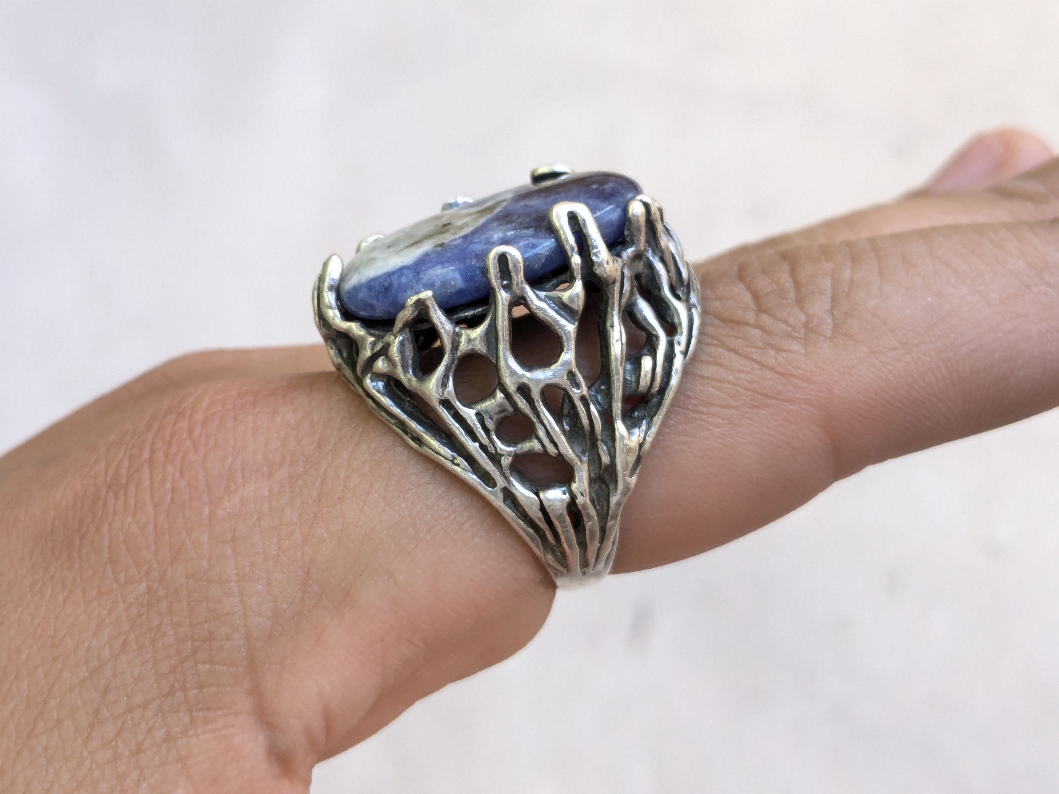 Vintage Vintage Sterling Silver Ring Blue Sodalite 11 Brutalist Size ONE SIZE - 13 Thumbnail